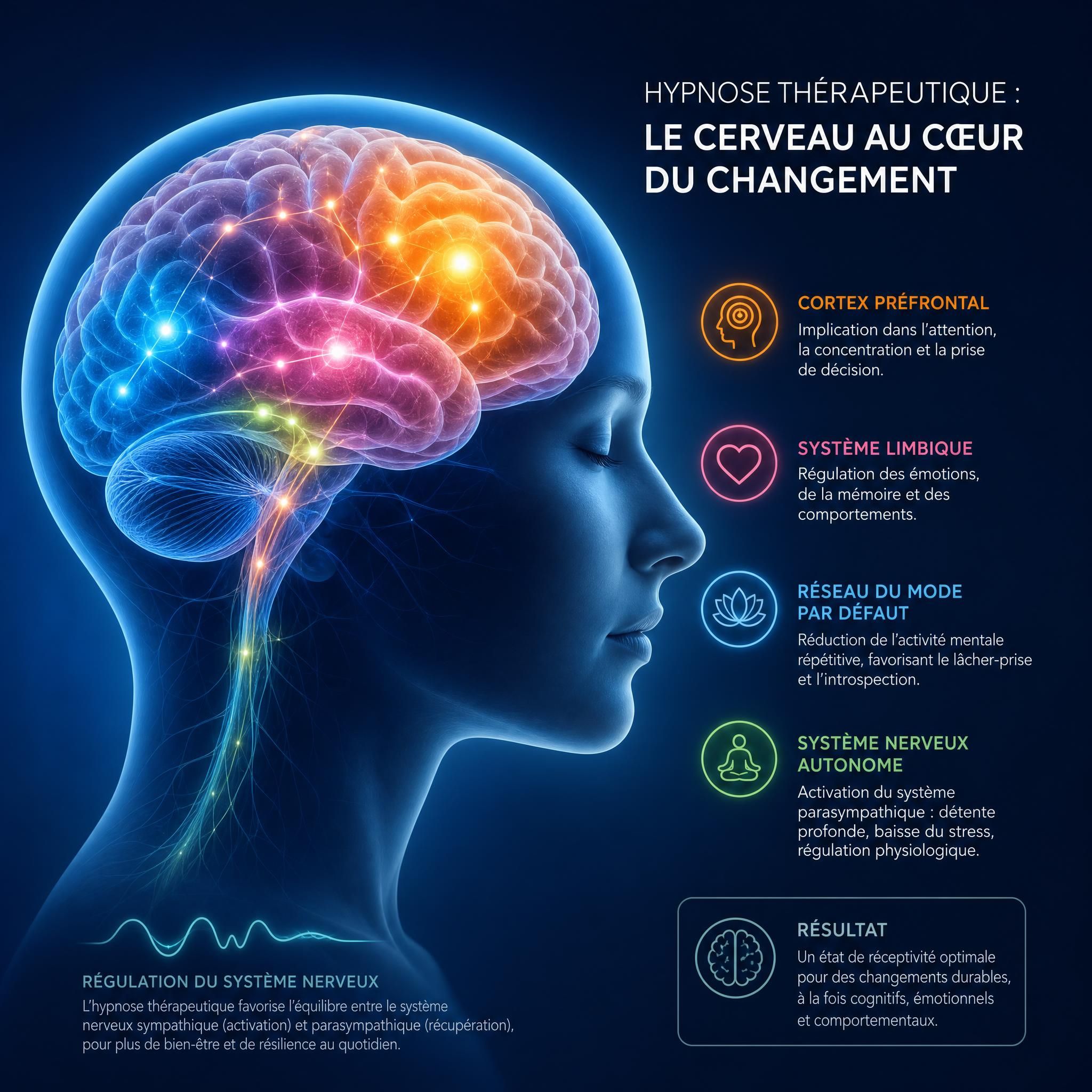 Cerveau humain avec zones d'activation lumineuses illustrant les neurosciences de l'hypnose thérapeutique et la régulation du système nerveux