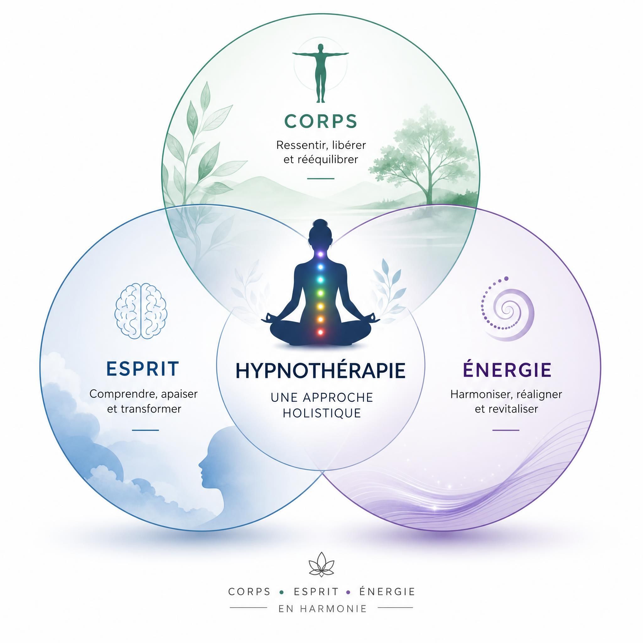 Représentation visuelle de l'approche holistique corps-esprit-énergie en hypnothérapie, trois cercles interconnectés symbolisant les trois dimensions de l'accompagnement