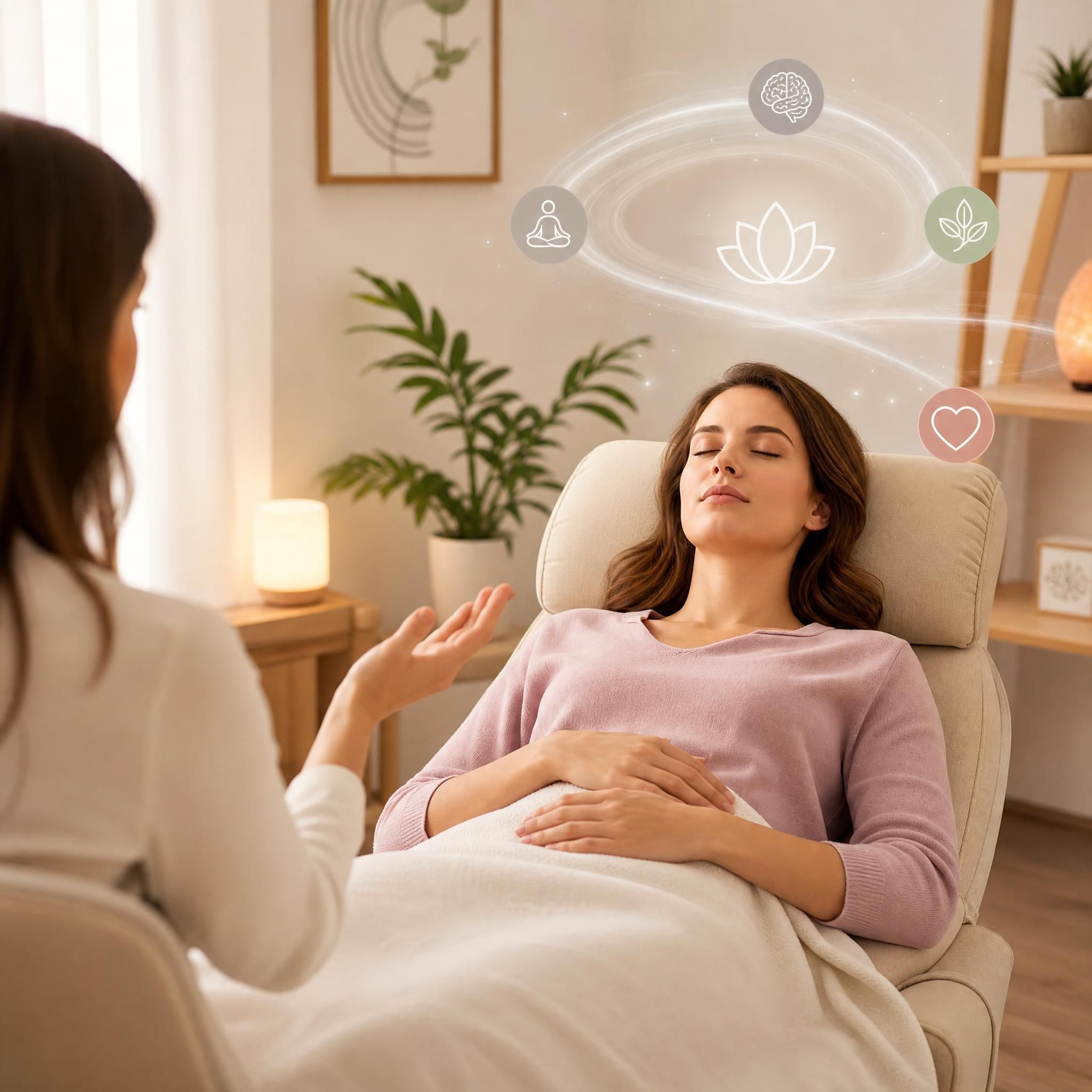 Femme en état de relaxation profonde lors d'une séance d'hypnose thérapeutique, lumière douce et apaisante, approche holistique corps-esprit