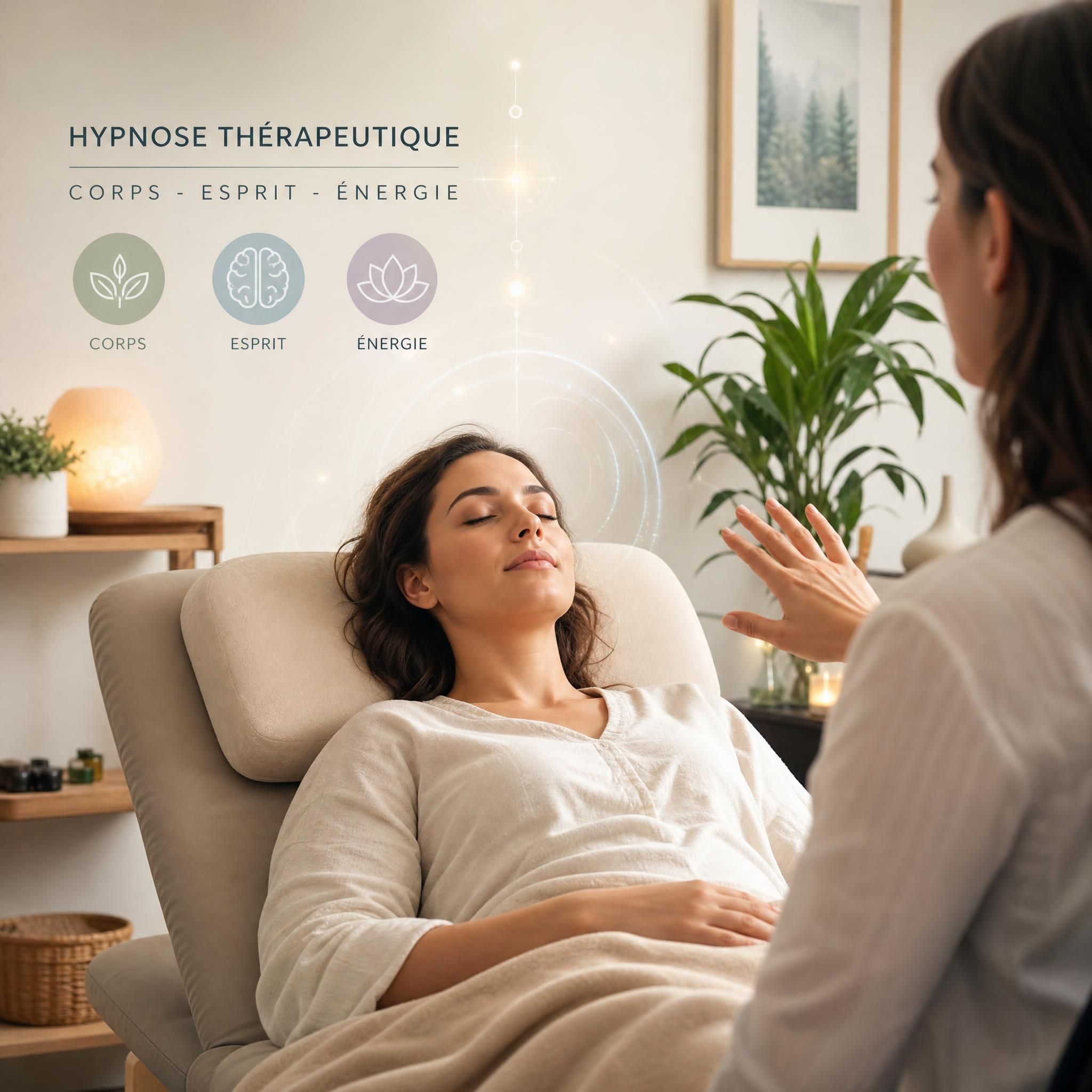 Femme sereine les yeux fermés en séance d'hypnose thérapeutique, lumière douce et apaisante, approche holistique corps-esprit-énergie