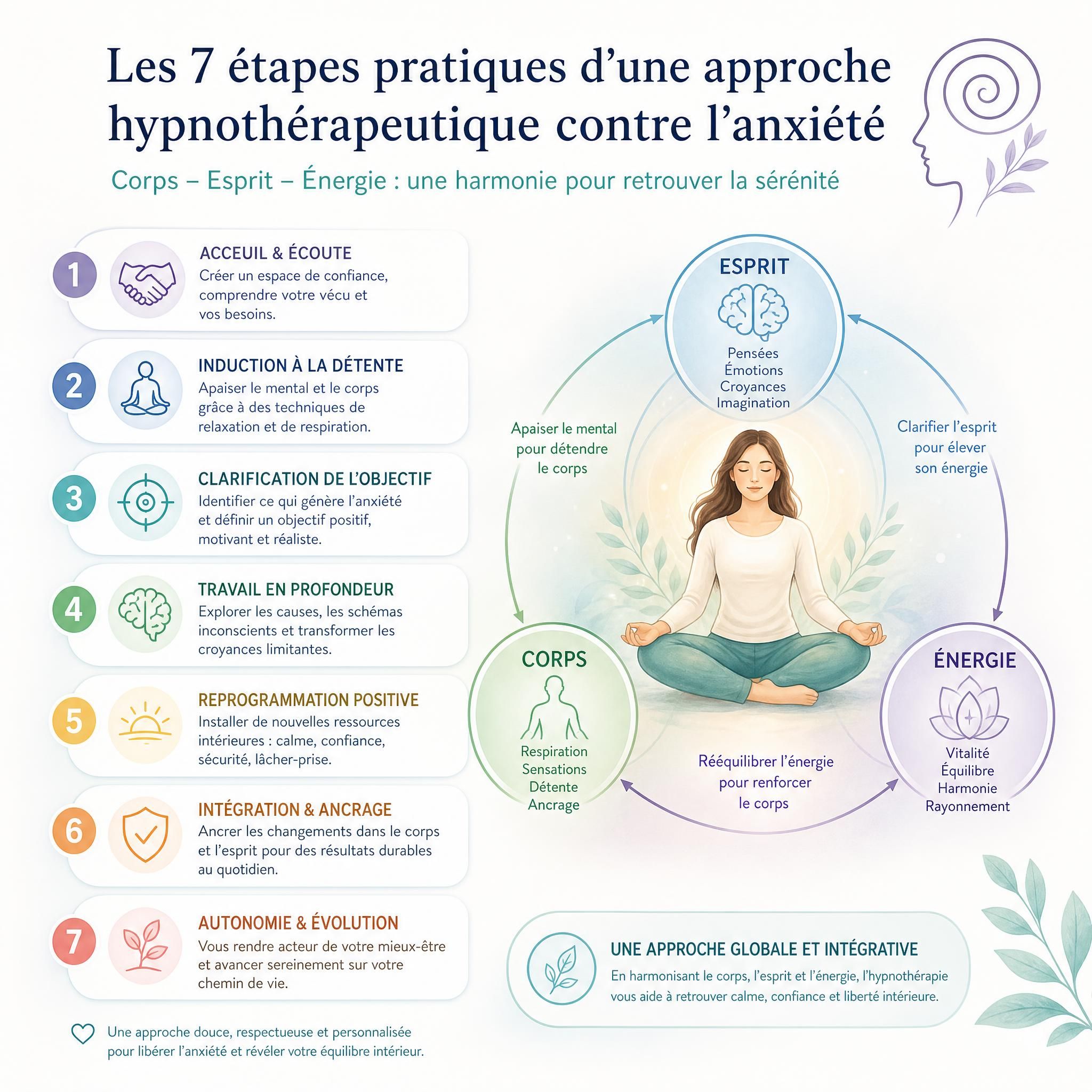 Illustration des 7 étapes pratiques d'une approche hypnothérapeutique contre l'anxiété, schéma corps-esprit-énergie en couleurs douces