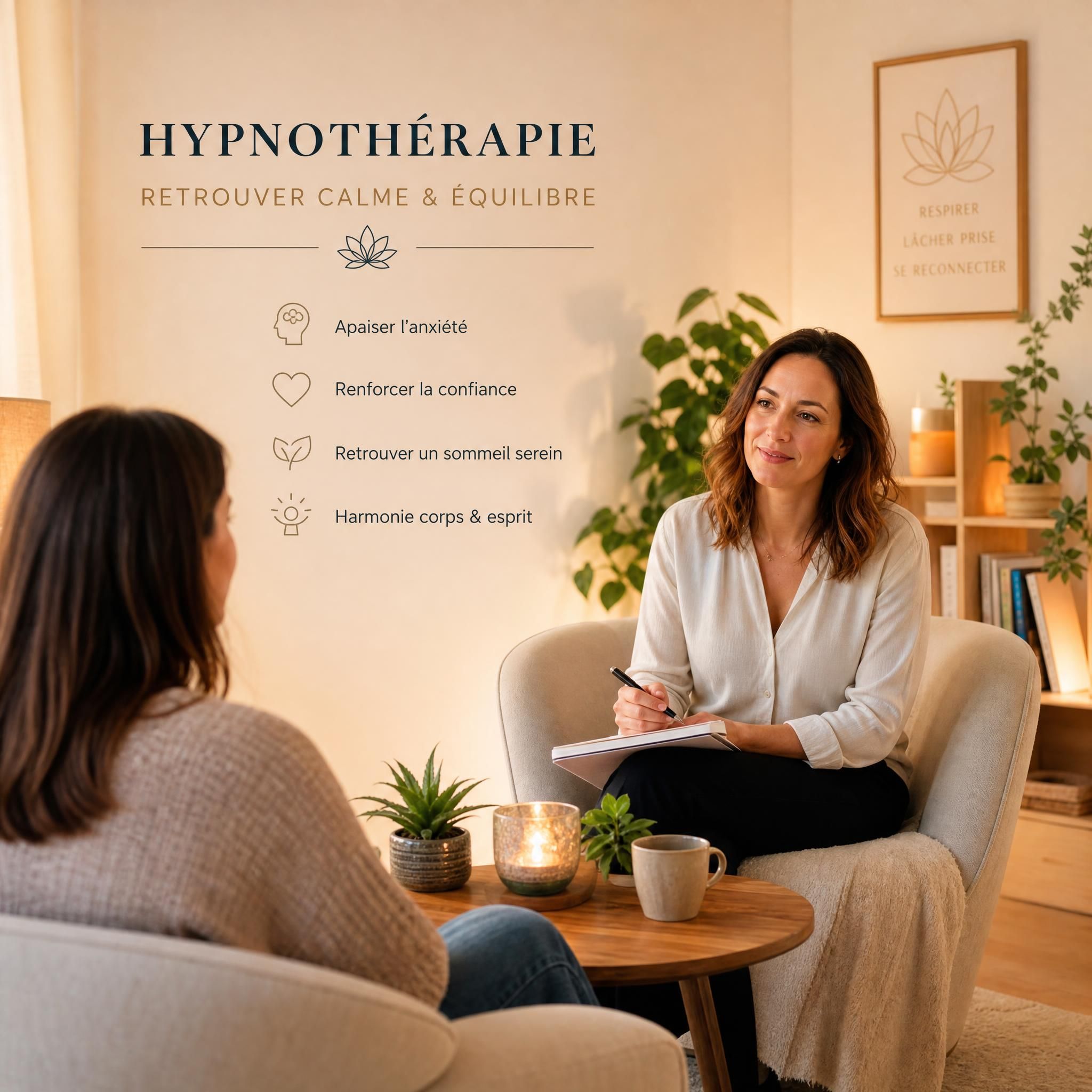 hypnothérapeute accompagnant une patiente dans un espace sécurisant et bienveillant, lumière chaleureuse, approche holistique anxiété