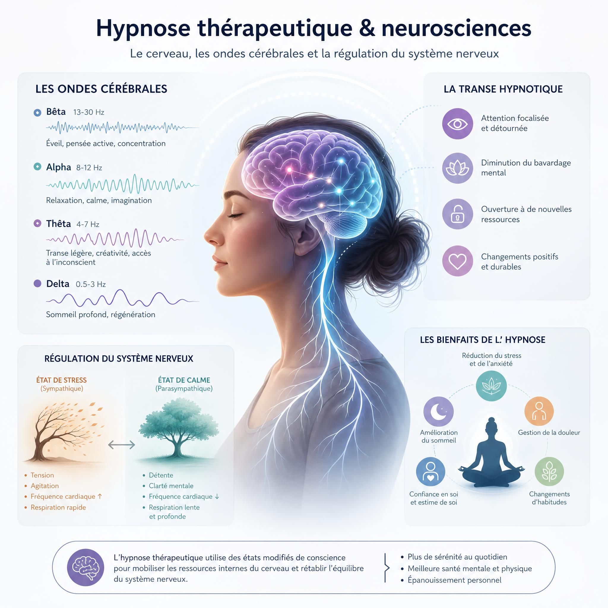 illustration neurosciences et hypnose thérapeutique - cerveau, ondes cérébrales, état de transe légère et régulation du système nerveux