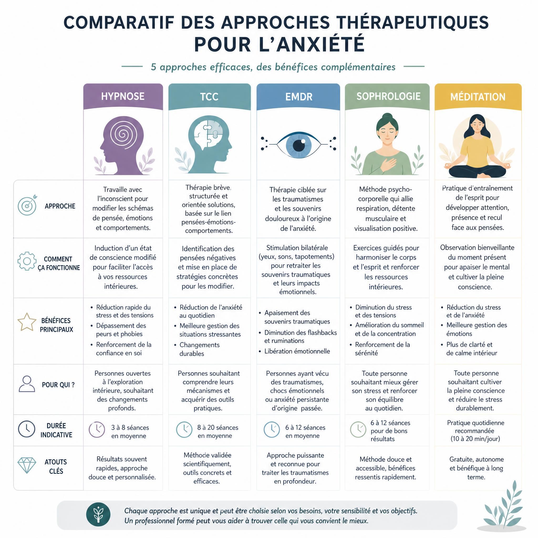 tableau comparatif illustré des approches thérapeutiques pour l'anxiété - hypnose, TCC, EMDR, sophrologie, méditation
