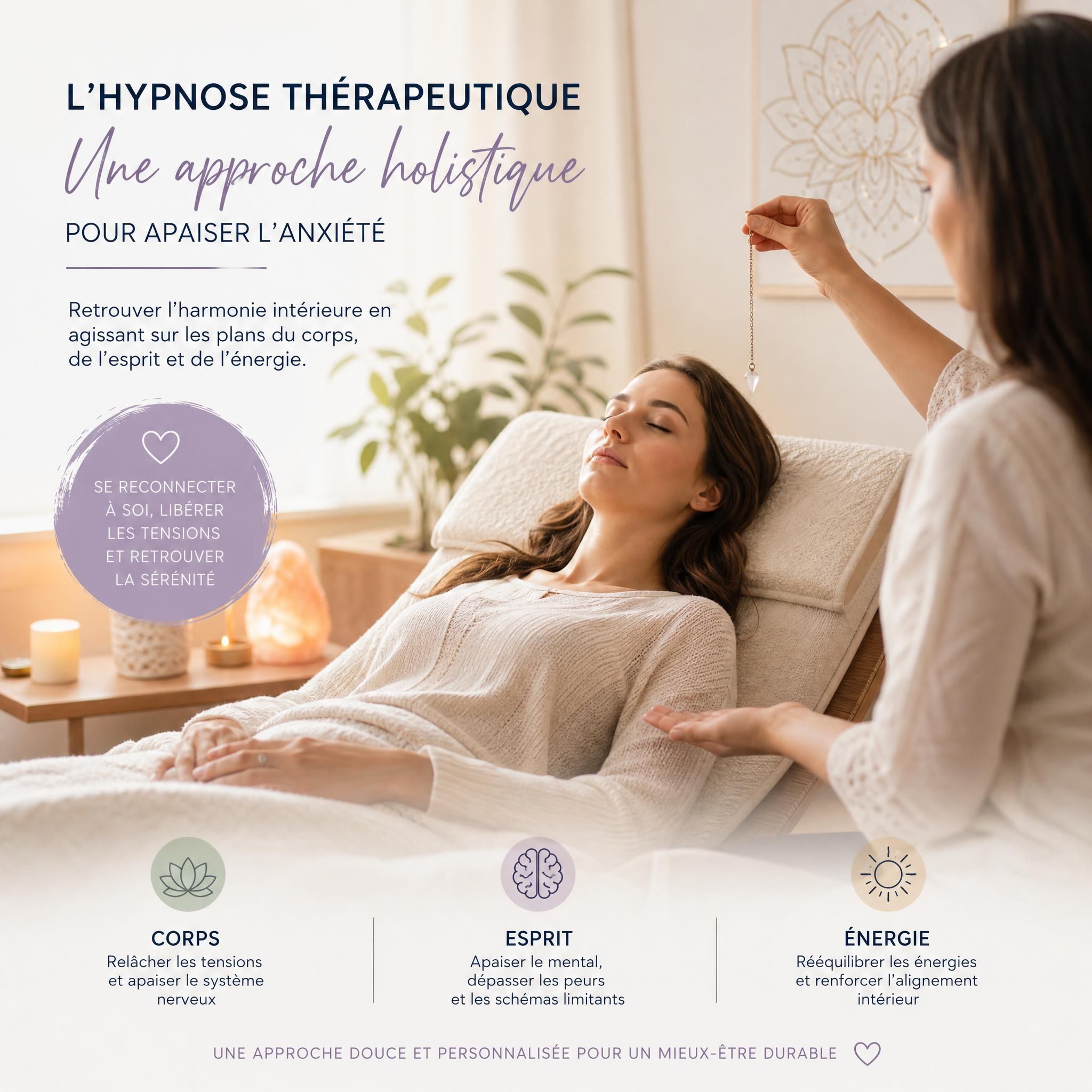 femme sereine en séance d'hypnose thérapeutique, lumière douce, approche holistique corps-esprit-énergie pour l'anxiété