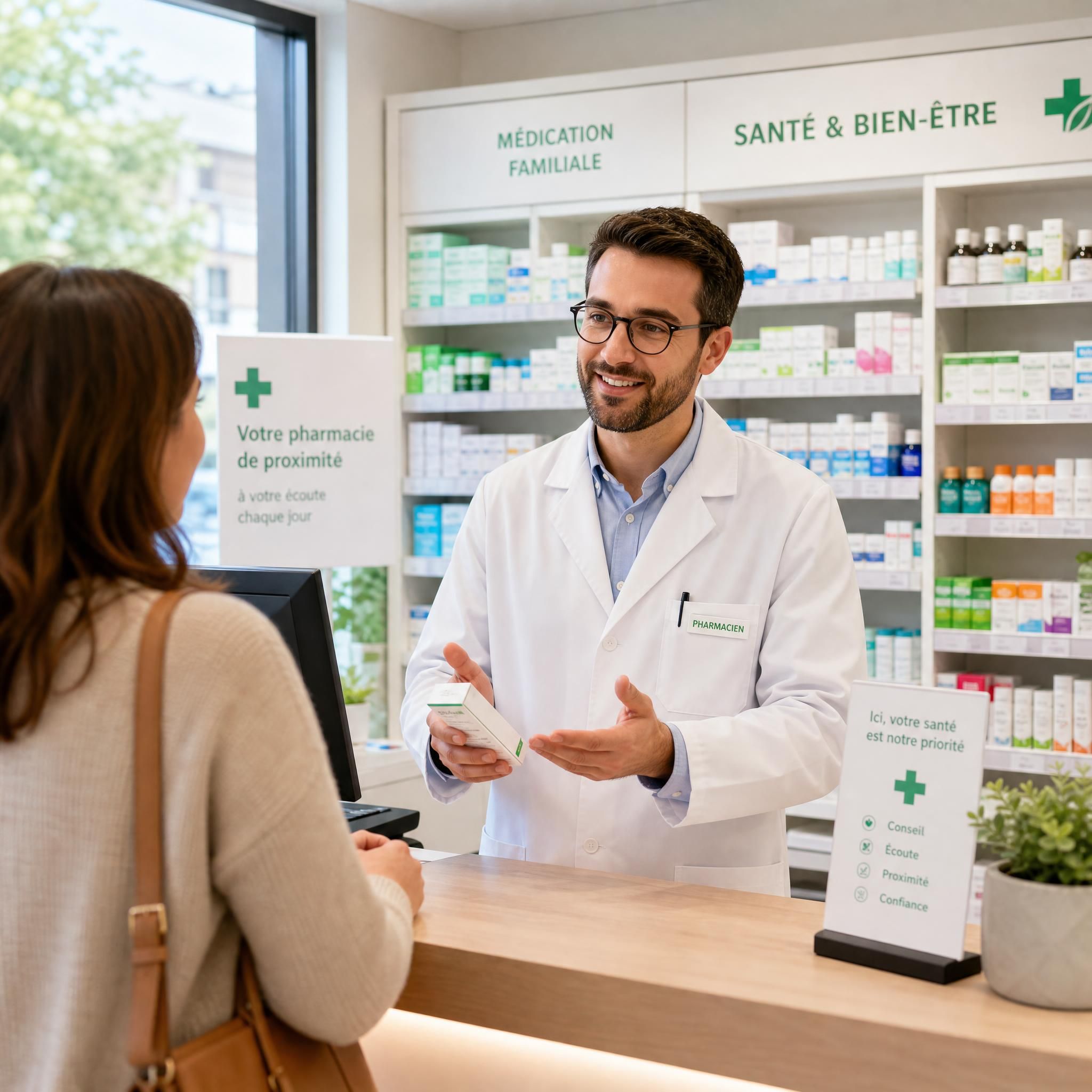 Pharmacien en blouse blanche accueillant un patient au comptoir d'une pharmacie de quartier lumineuse, illustrant le rôle de conseil et de proximité