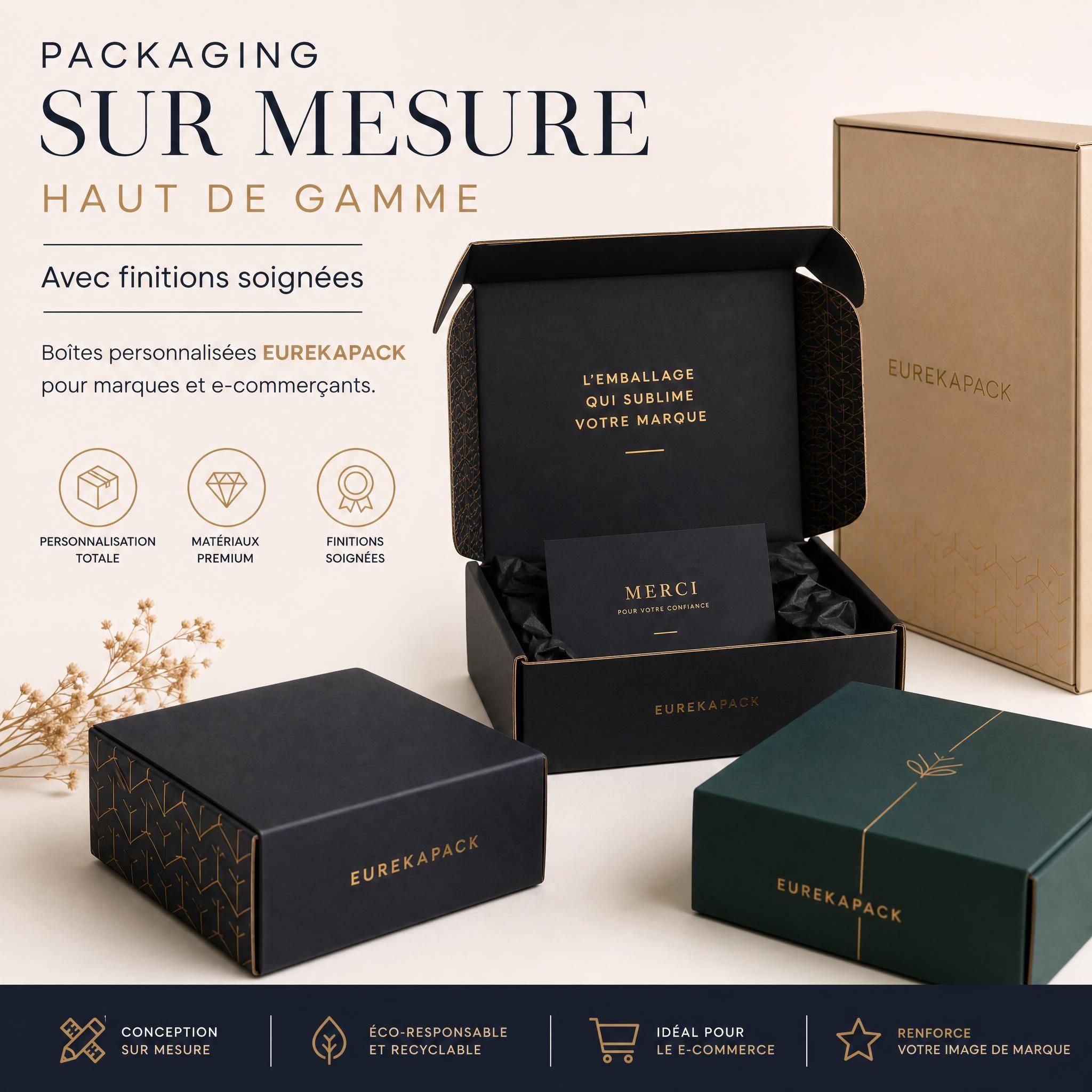 Packaging sur mesure haut de gamme avec finitions soignées – boîtes personnalisées EUREKAPACK pour marques et e-commerçants