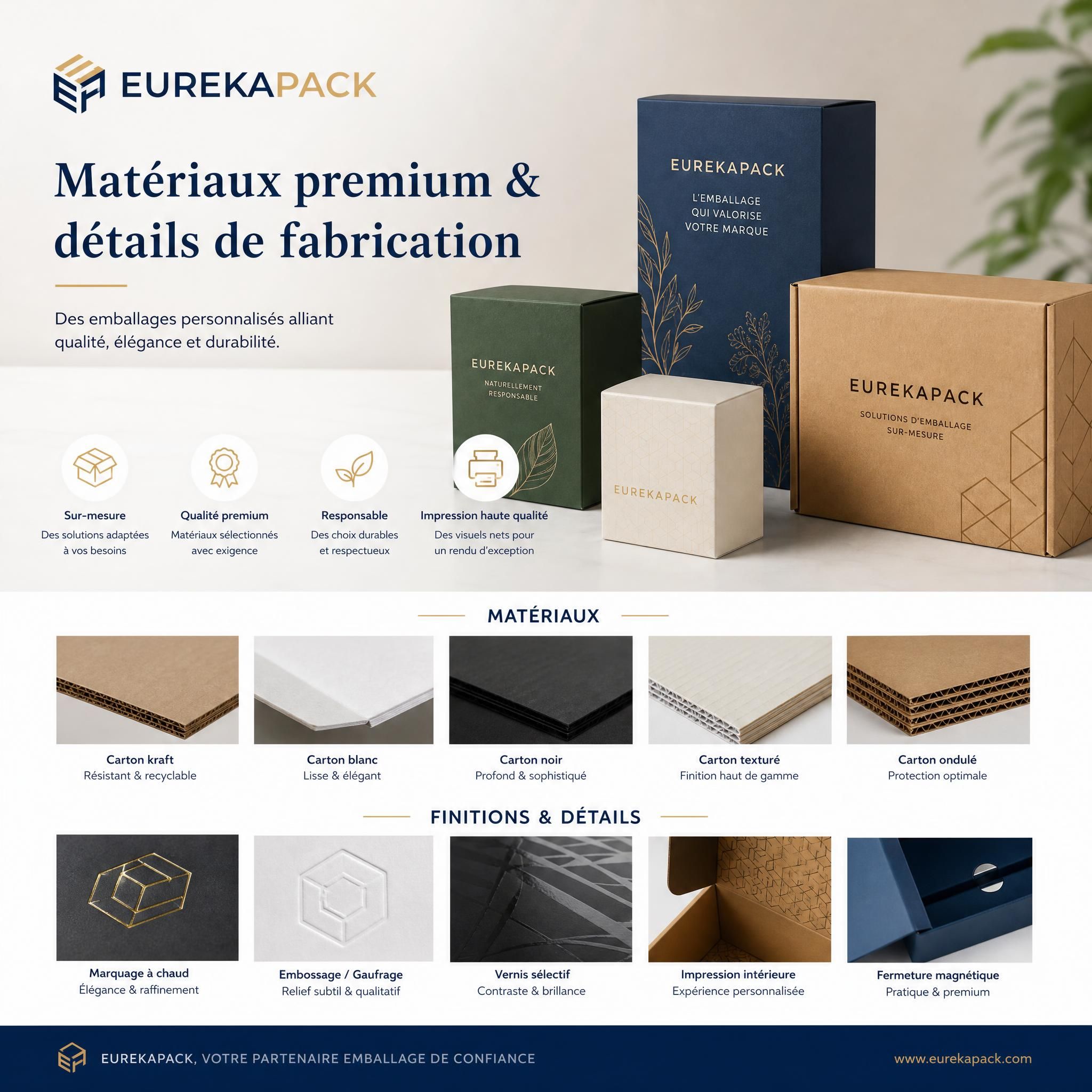 Matériaux premium et détails de fabrication d'emballages personnalisés EUREKAPACK – cartons, finitions, impressions haute qualité