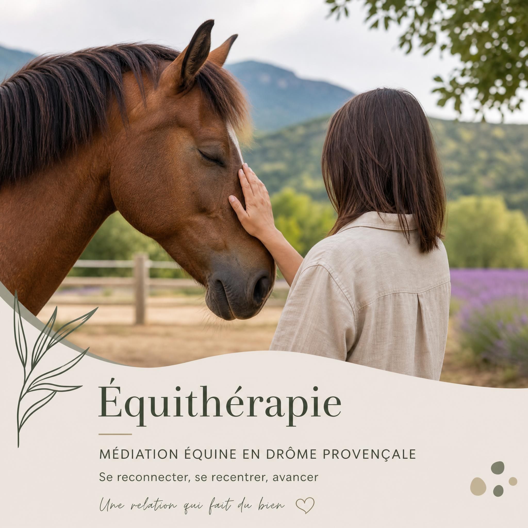 Interaction douce entre une personne et un cheval lors d'une séance d'équithérapie en Drôme provençale, médiation équine sans visage pour respecter la confidentialité