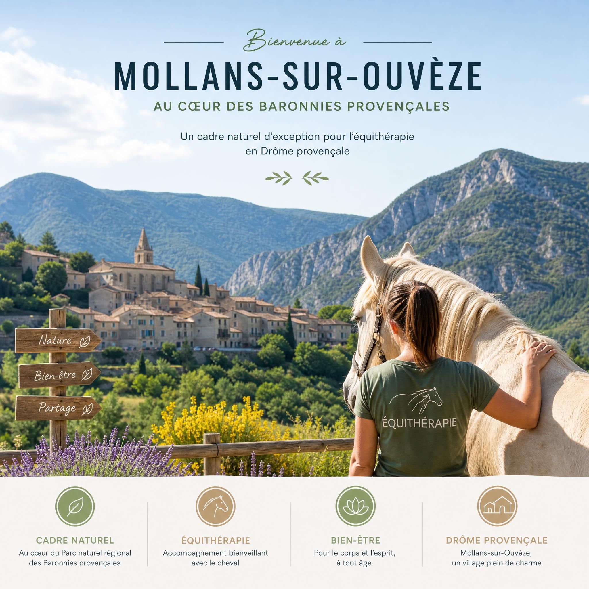 Paysage provençal de Mollans-sur-Ouvèze au cœur du Parc naturel régional des Baronnies provençales, cadre naturel de l'équithérapie en Drôme provençale