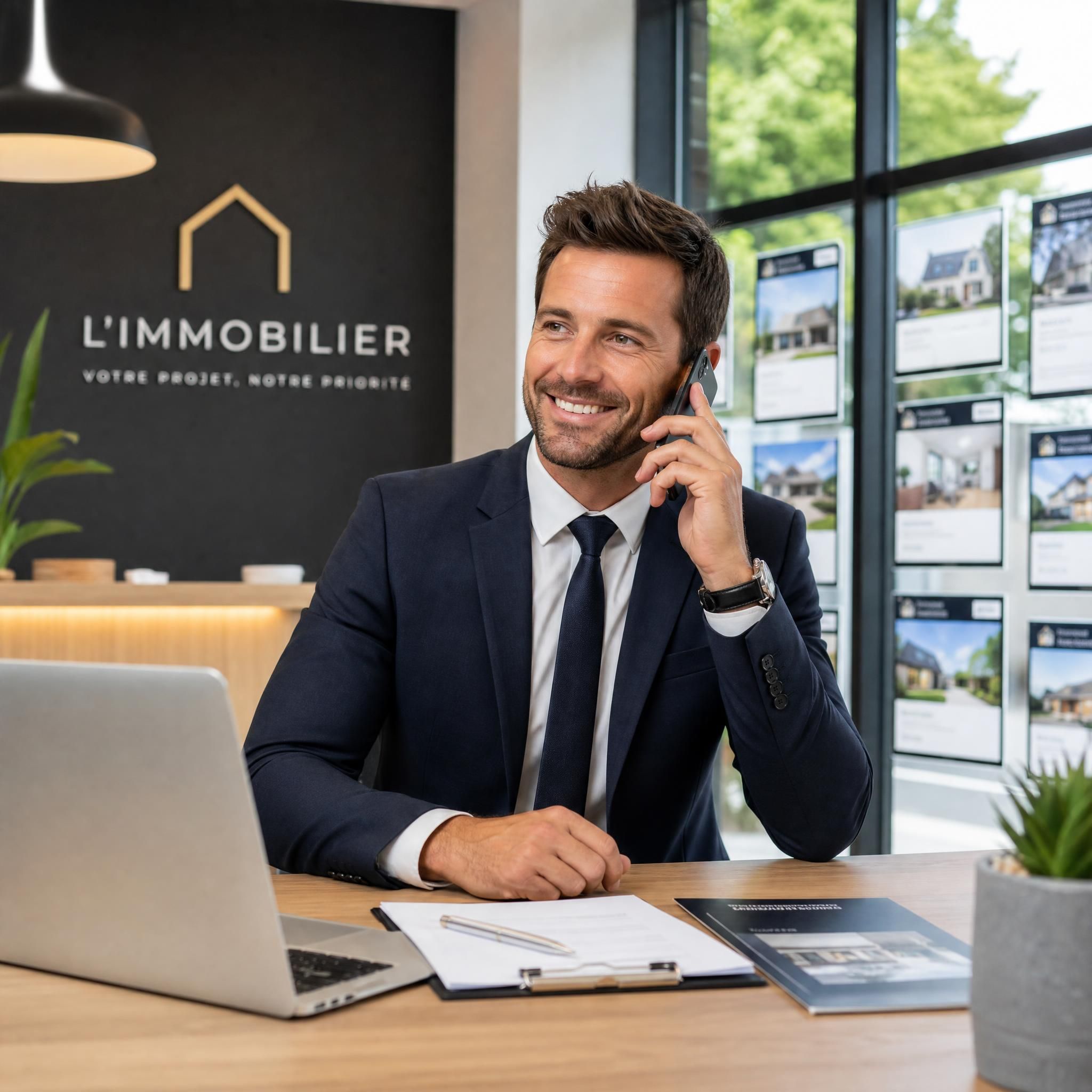 Agent immobilier professionnel en costume, souriant au téléphone dans une agence moderne avec des annonces immobilières en arrière-plan