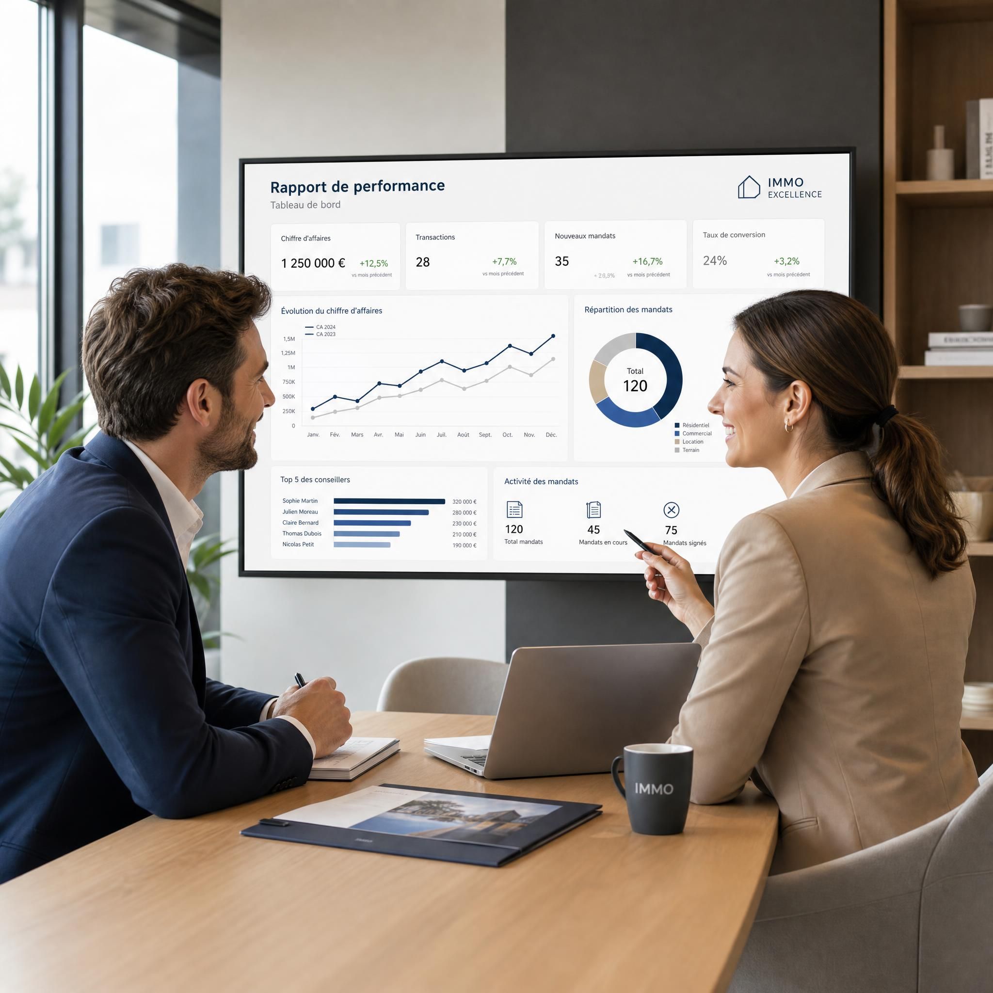 Deux professionnels de l'immobilier en réunion dans un bureau lumineux, regardant ensemble un rapport de performance sur un écran, avec un sourire professionnel