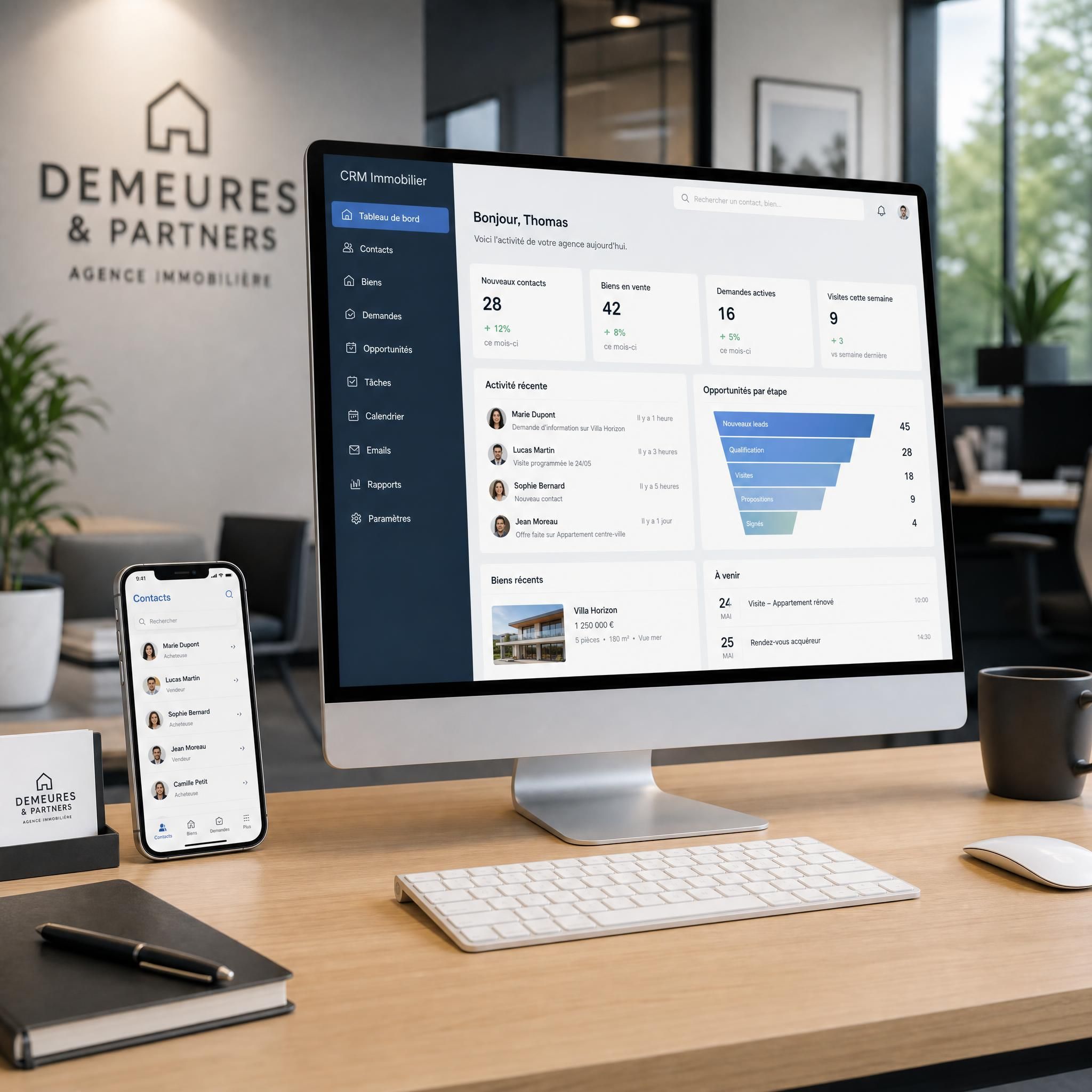 Bureau d'agence immobilière propre et professionnel avec un écran d'ordinateur affichant un tableau de bord CRM immobilier et un téléphone posé sur le bureau