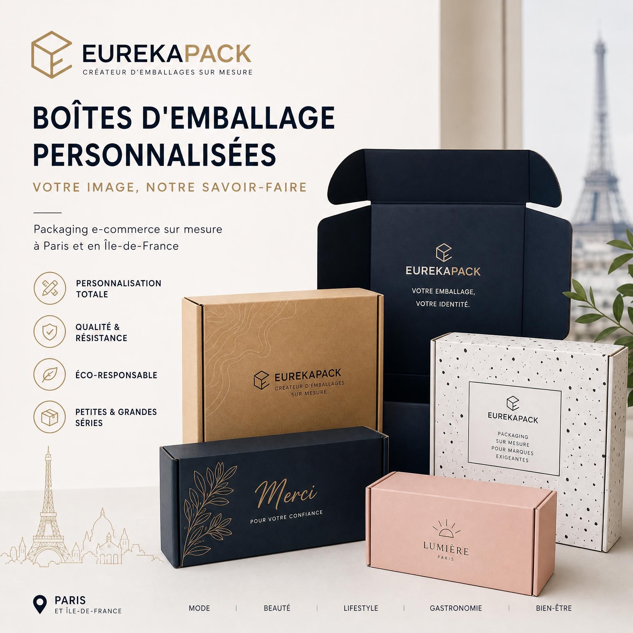 Boîtes d'emballage personnalisées EUREKAPACK avec logo de marque, packaging e-commerce sur mesure Paris
