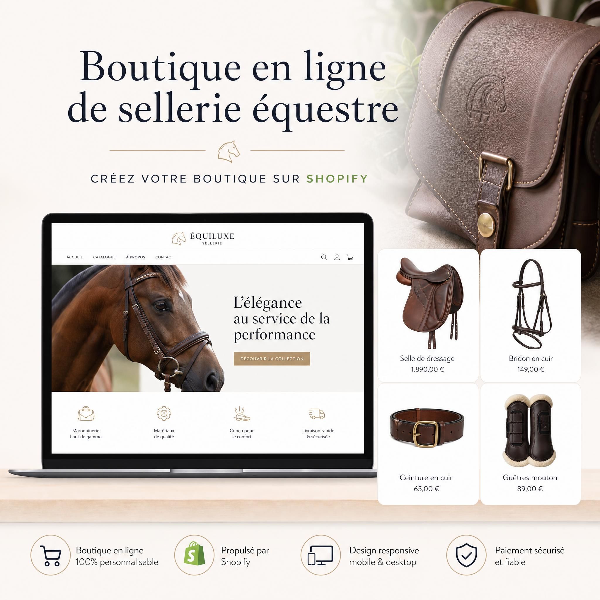 Boutique en ligne de sellerie équestre sur Shopify avec produits de maroquinerie et harnachement pour chevaux