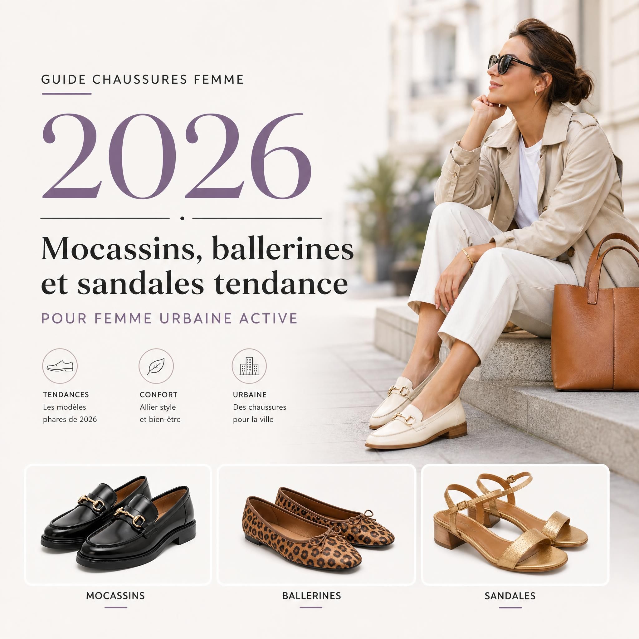 Guide chaussures femme 2026 — mocassins, ballerines et sandales tendance pour femme urbaine active sur fond épuré