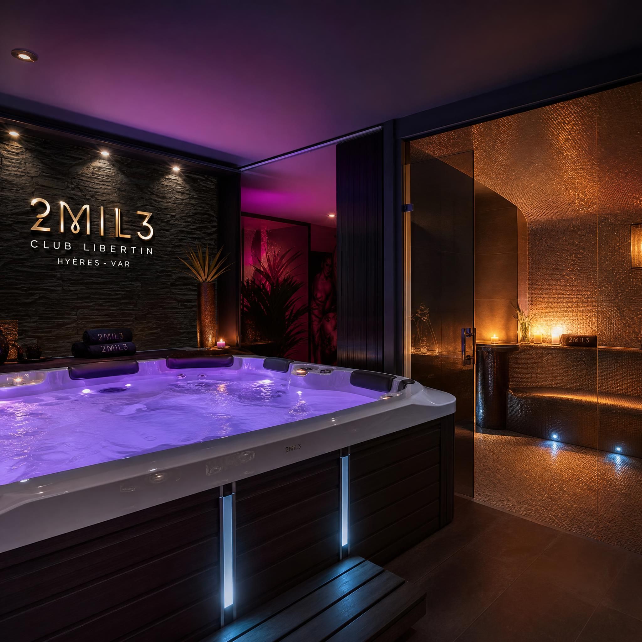Espace balnéo luxueux du club libertin 2mil3 à Hyères dans le Var, jacuzzi et hammam illuminés en ambiance tamisée