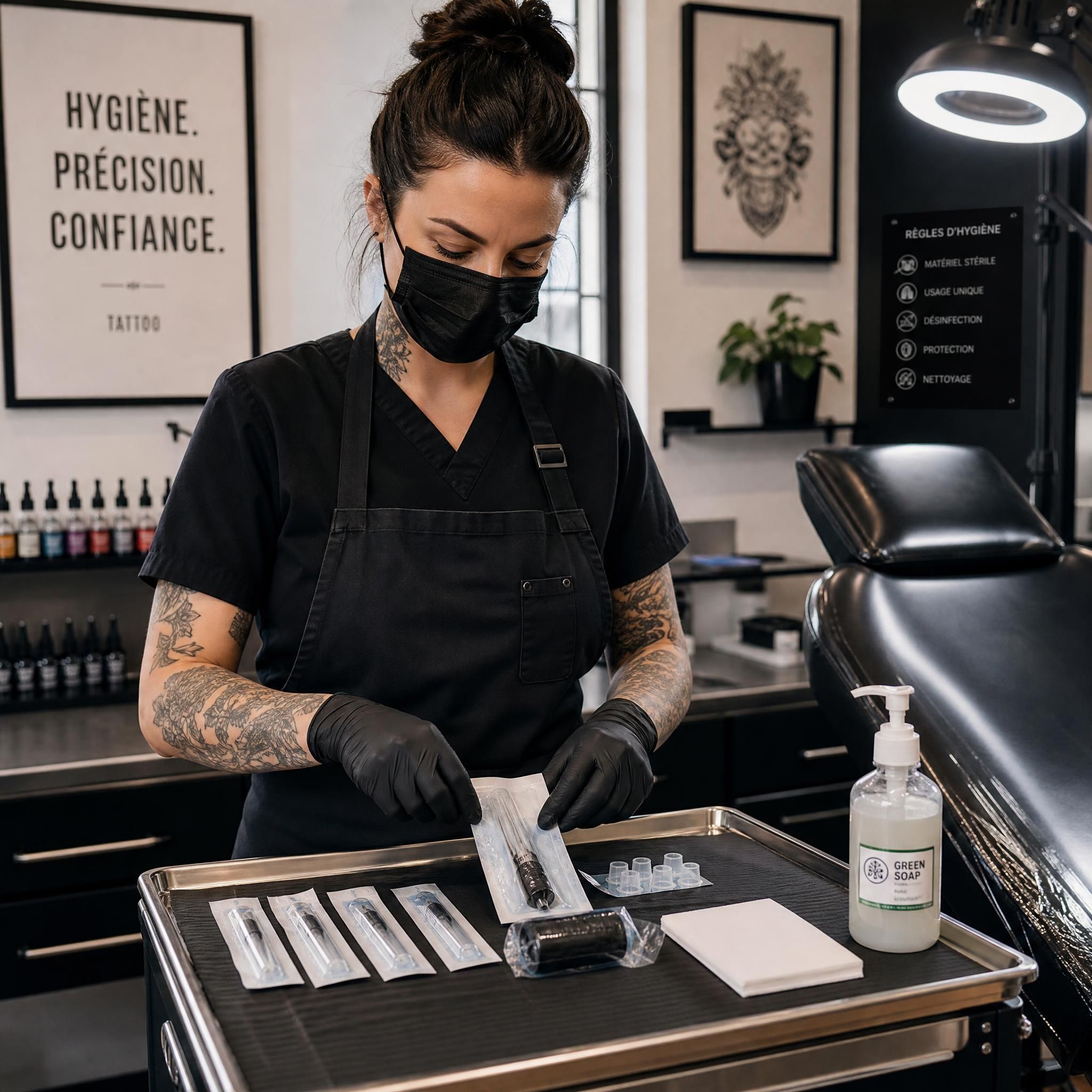 Professionnel du tatouage en tenue de travail hygiénique, préparant un plateau stérile dans un salon conforme aux normes d'hygiène et salubrité