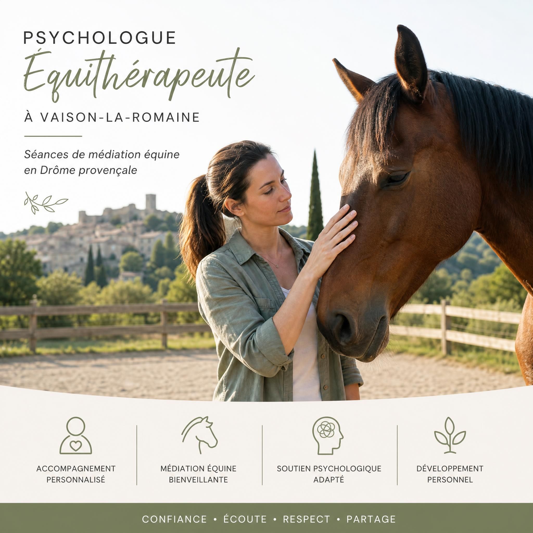 Psychologue équithérapeute avec cheval à Vaison-la-Romaine, séance de médiation équine en Drôme provençale