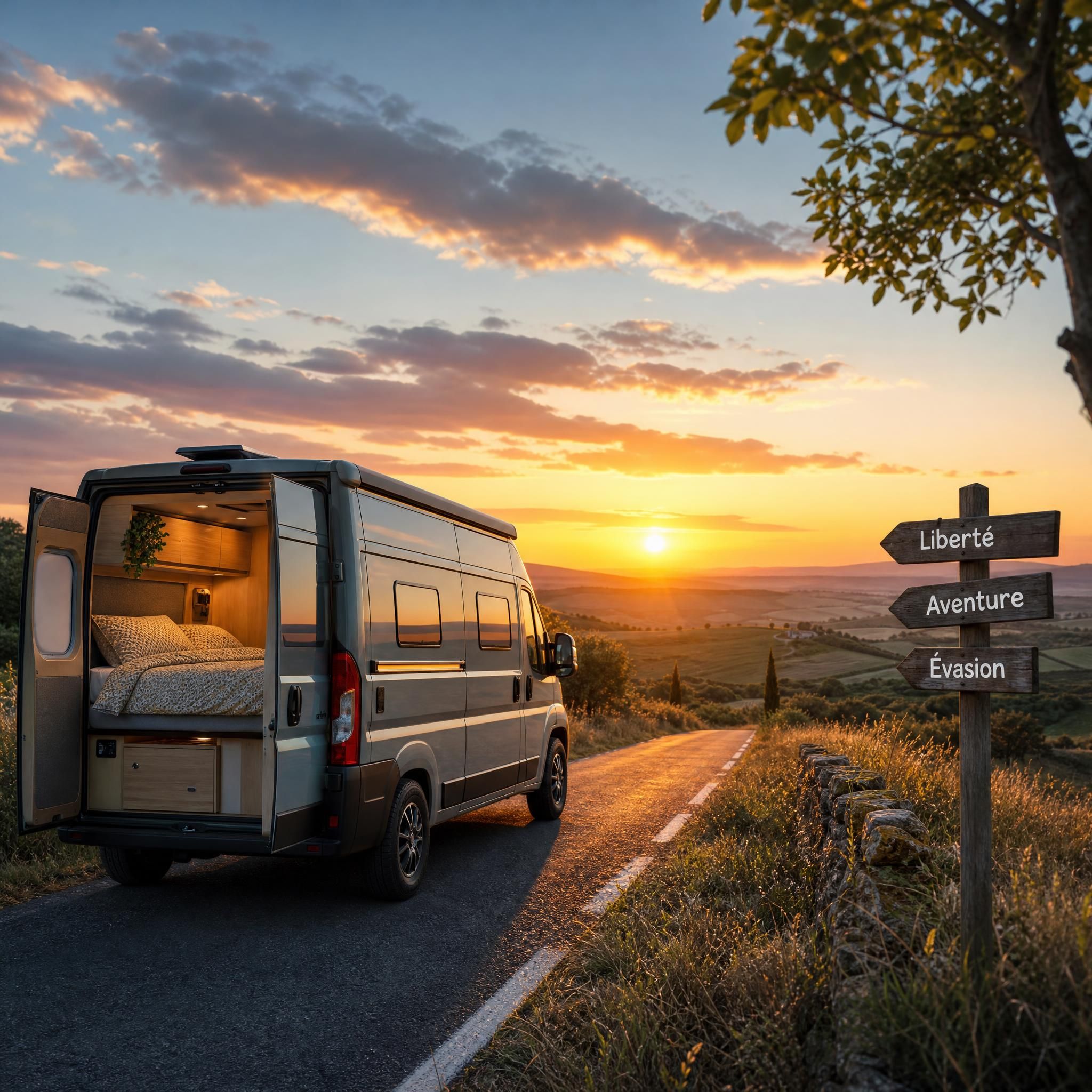 Van aménagé garé face à un coucher de soleil sur une route de campagne française, symbole de liberté et de road trip