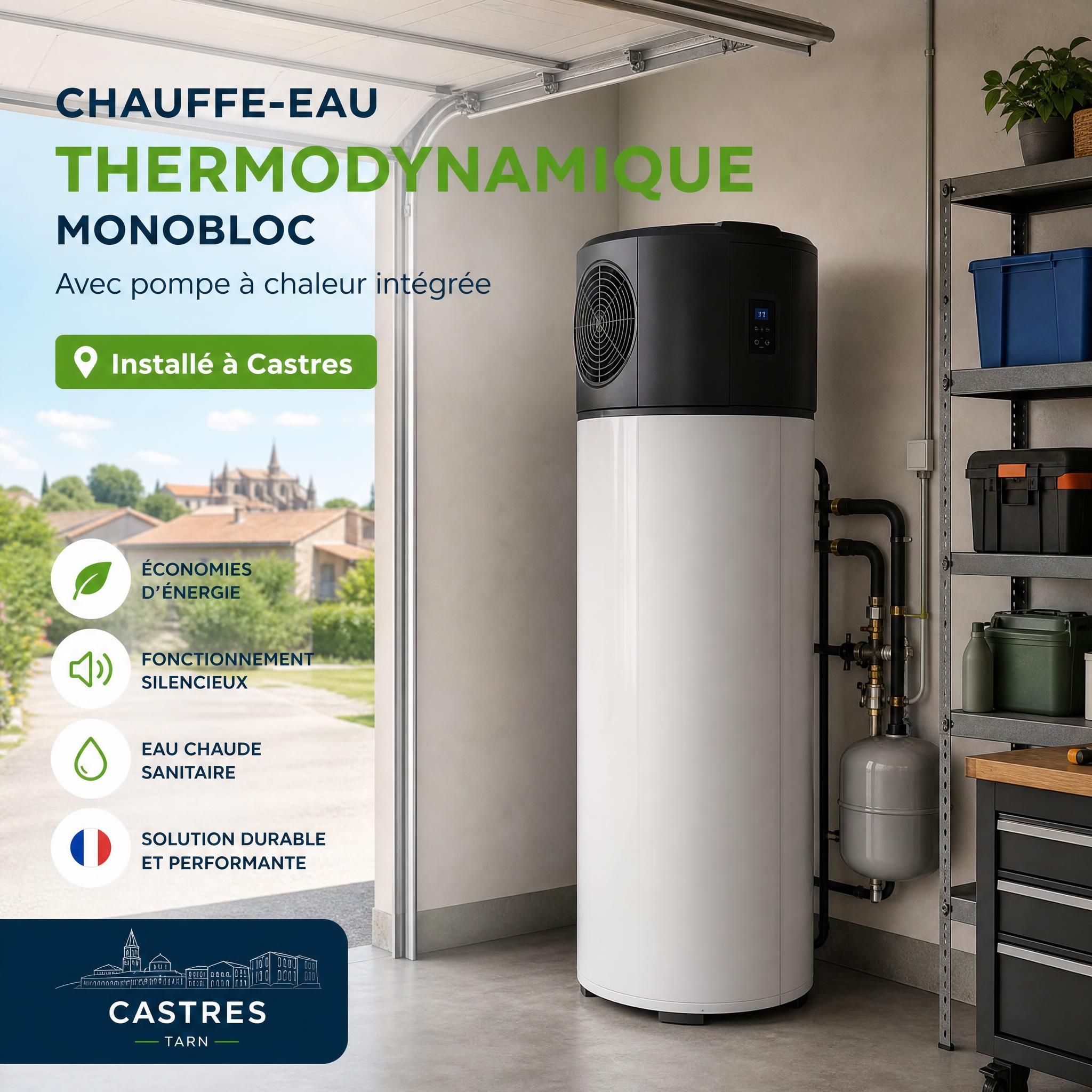 Chauffe-eau thermodynamique monobloc installé dans un garage à Castres avec pompe à chaleur intégrée