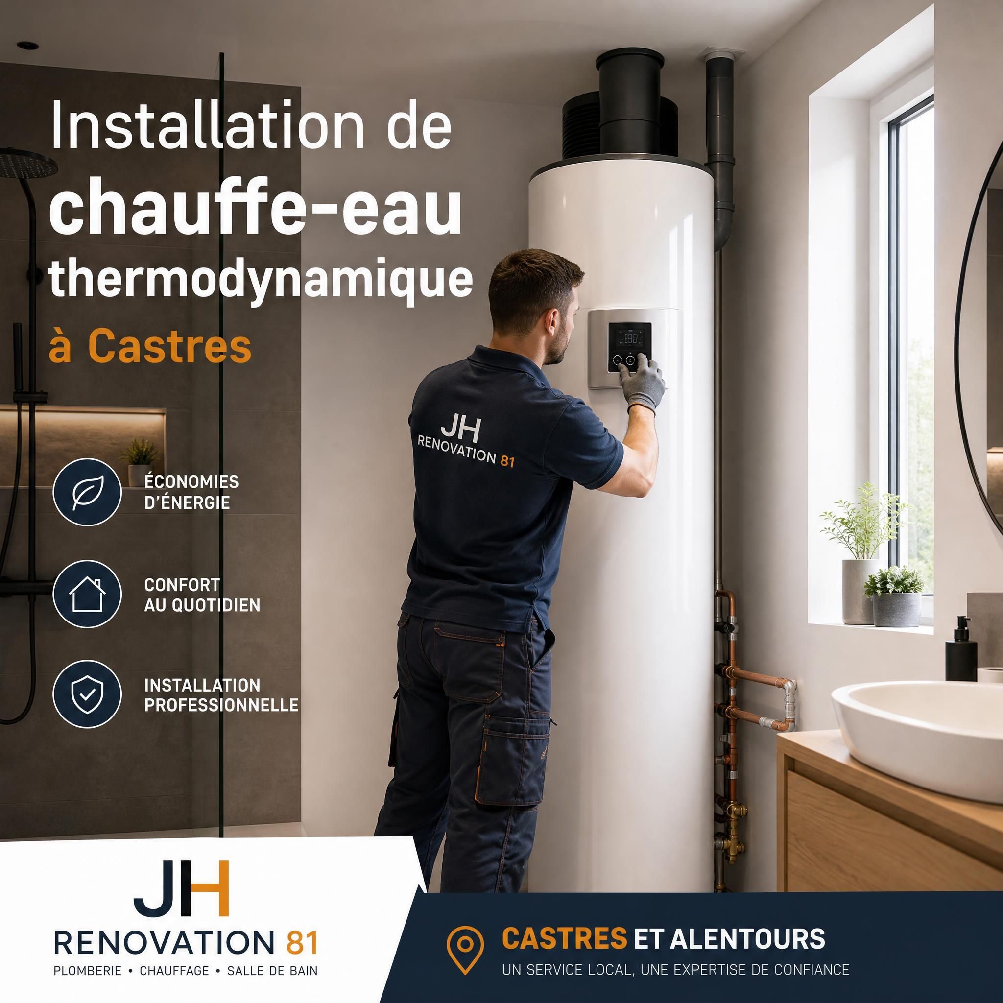Plombier professionnel installant un chauffe-eau thermodynamique dans une salle de bain moderne à Castres - JH Renovation 81