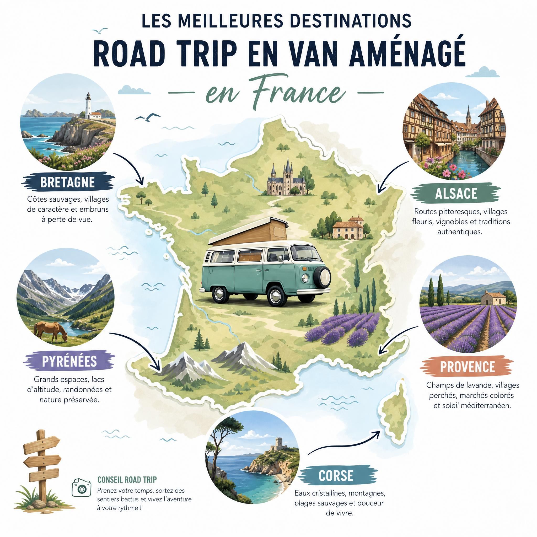 Carte illustrée des meilleures destinations road trip en van aménagé en France — Bretagne, Provence, Pyrénées, Alsace, Corse