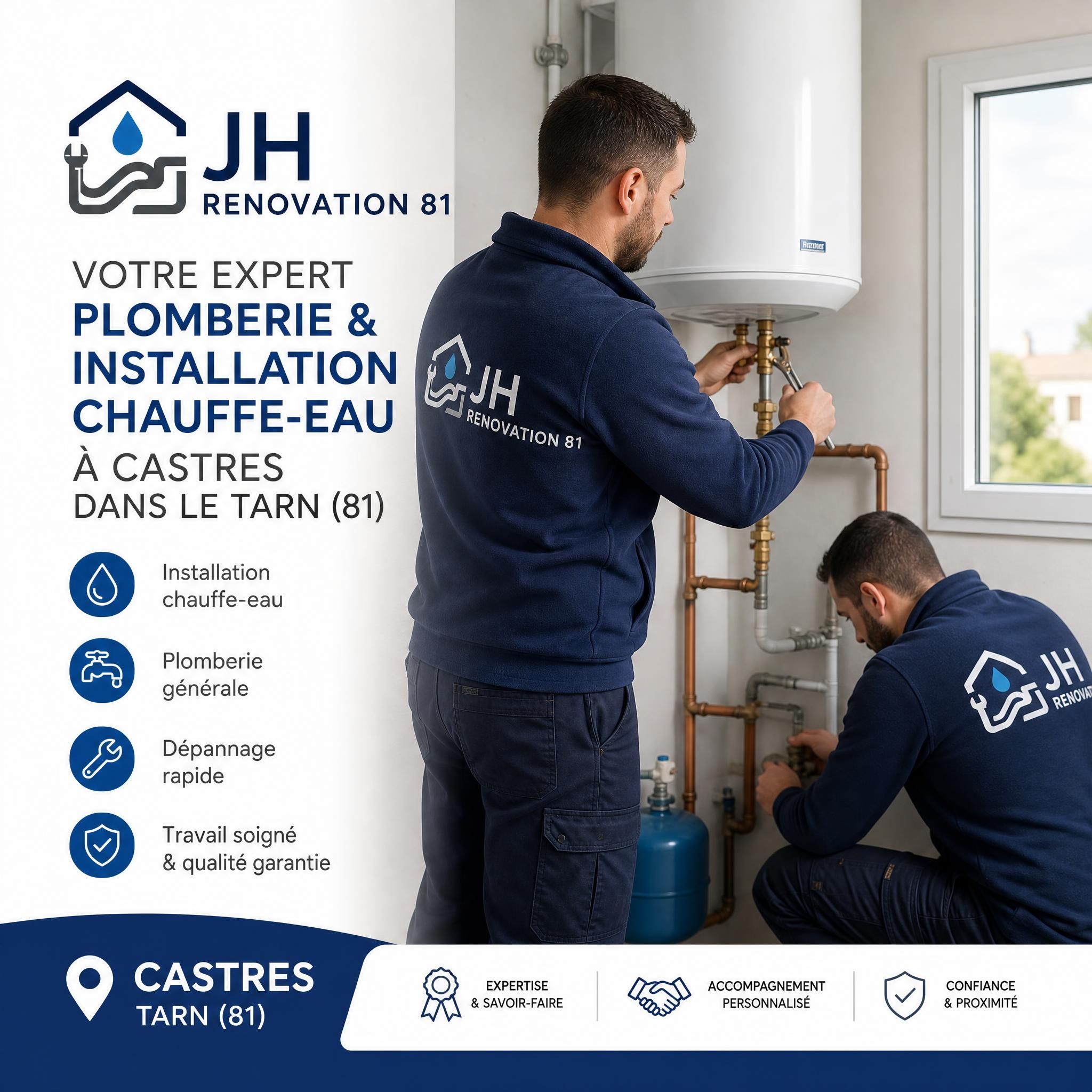 Équipe JH Renovation 81 en intervention plomberie et installation chauffe-eau à Castres dans le Tarn 81