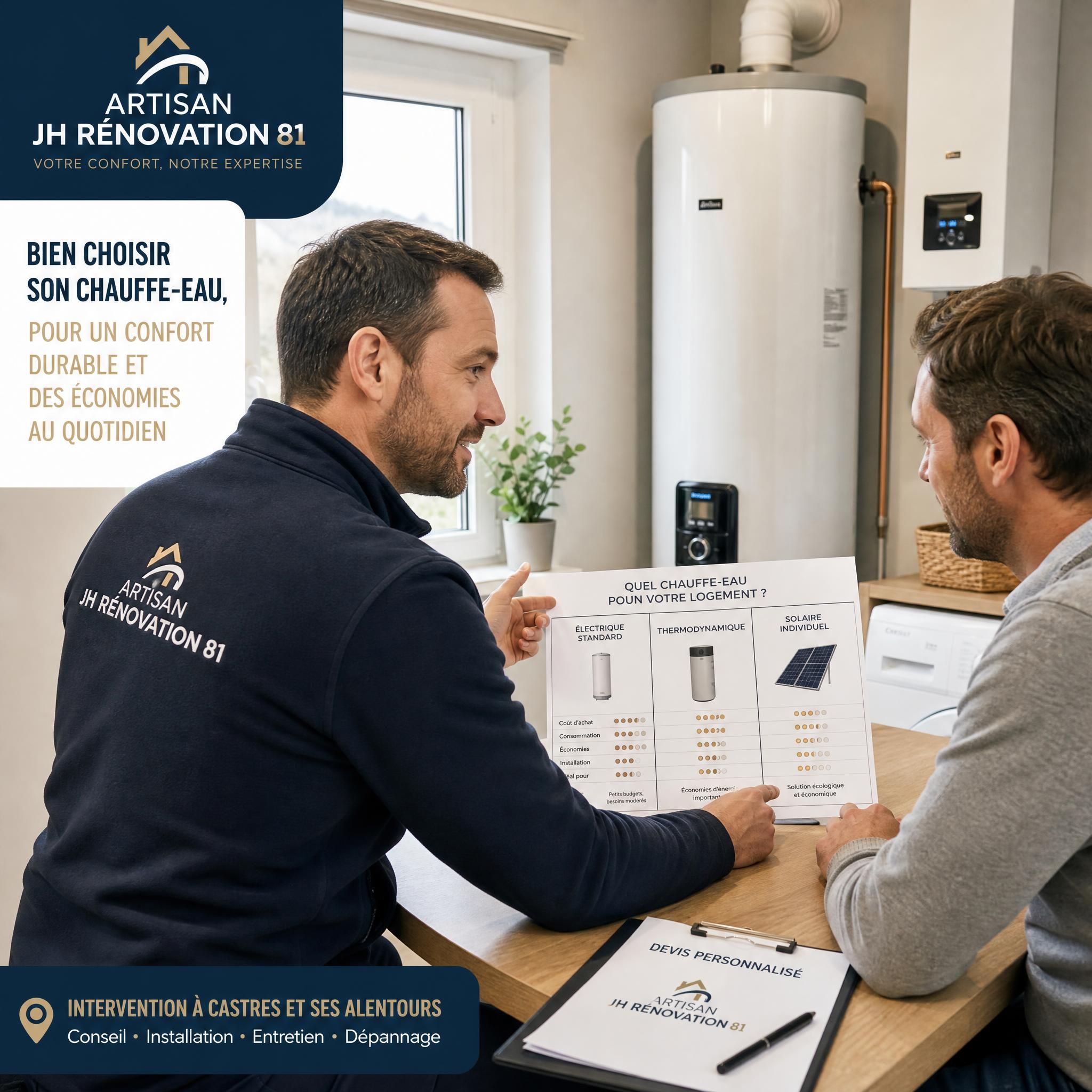 Artisan JH Renovation 81 conseillant un client sur le choix d'un chauffe-eau lors d'un devis à domicile à Castres