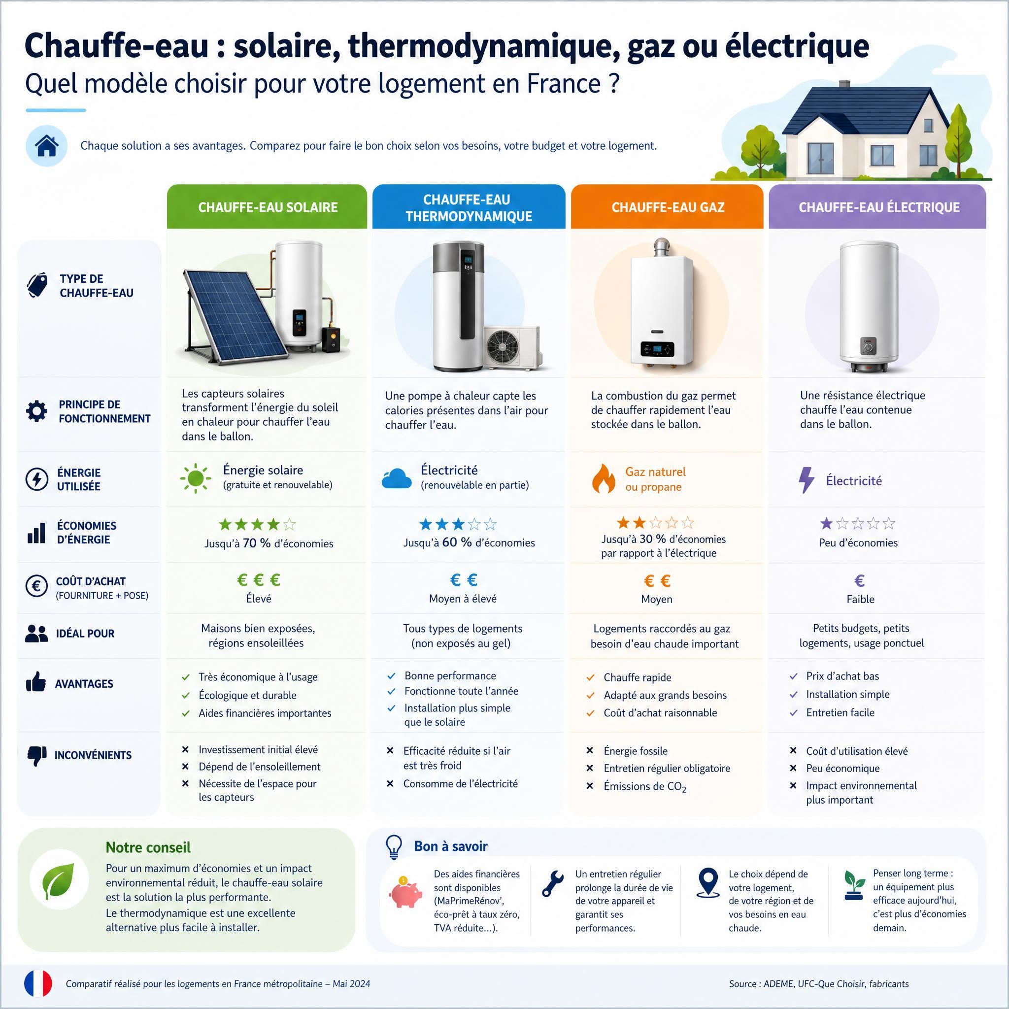 Infographie comparant les différents types de chauffe-eau électrique thermodynamique solaire et gaz pour un logement en France