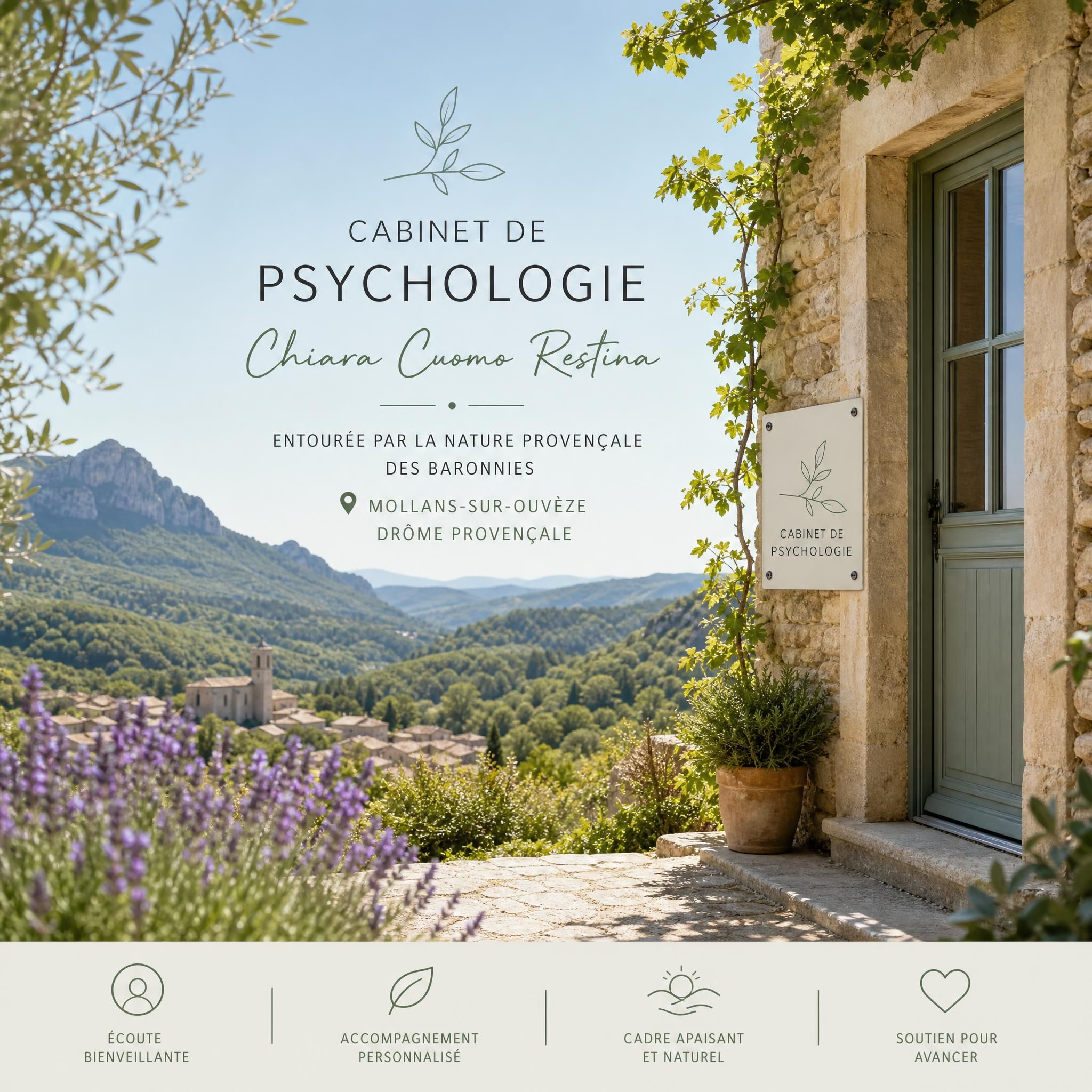 Cabinet de psychologie Chiara Cuomo Restina entouré de la nature provençale des Baronnies, Mollans-sur-Ouvèze, Drôme provençale