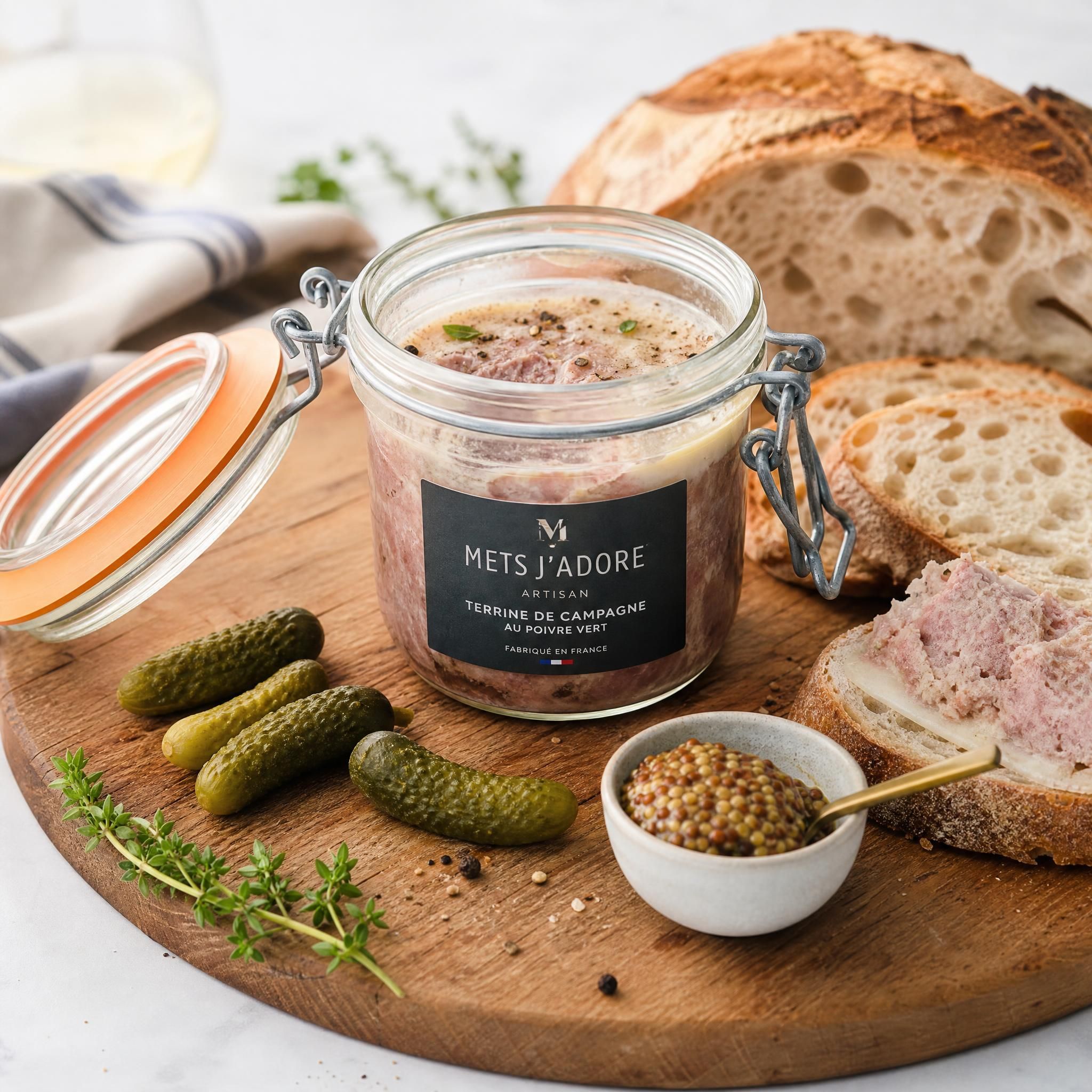 Bocal de terrine Mets J'adore ouvert sur une planche à découper avec du pain artisanal, cornichons et moutarde à l'ancienne