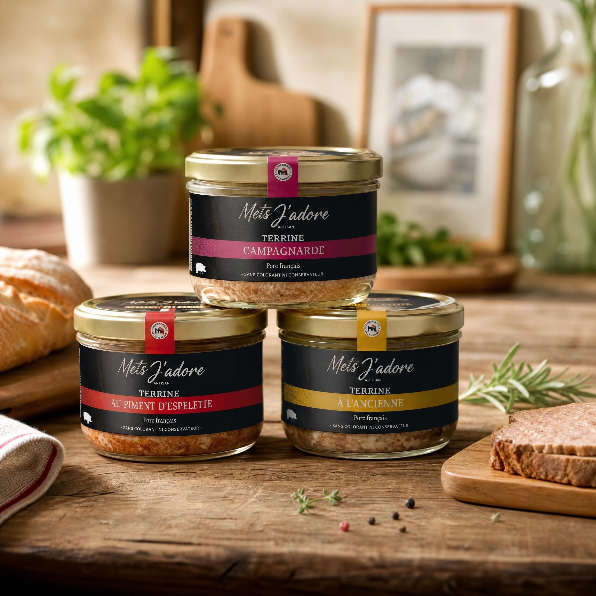 Bocaux de terrines artisanales Mets J'adore posés sur une table en bois rustique, lumière naturelle chaleureuse