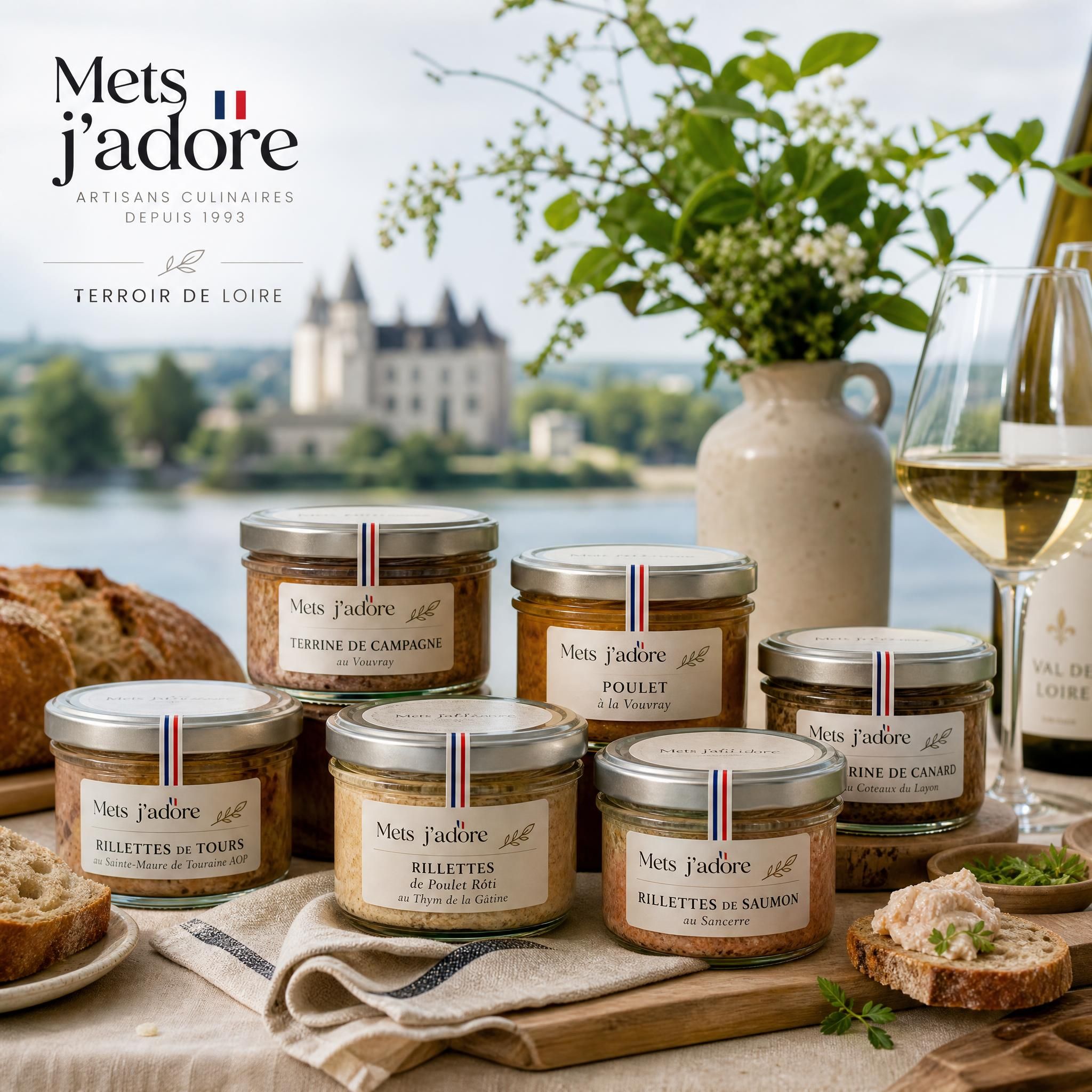 Assortiment de bocaux Mets J'adore sur une table de dégustation avec pain de campagne, vin blanc et décoration terroir Loire