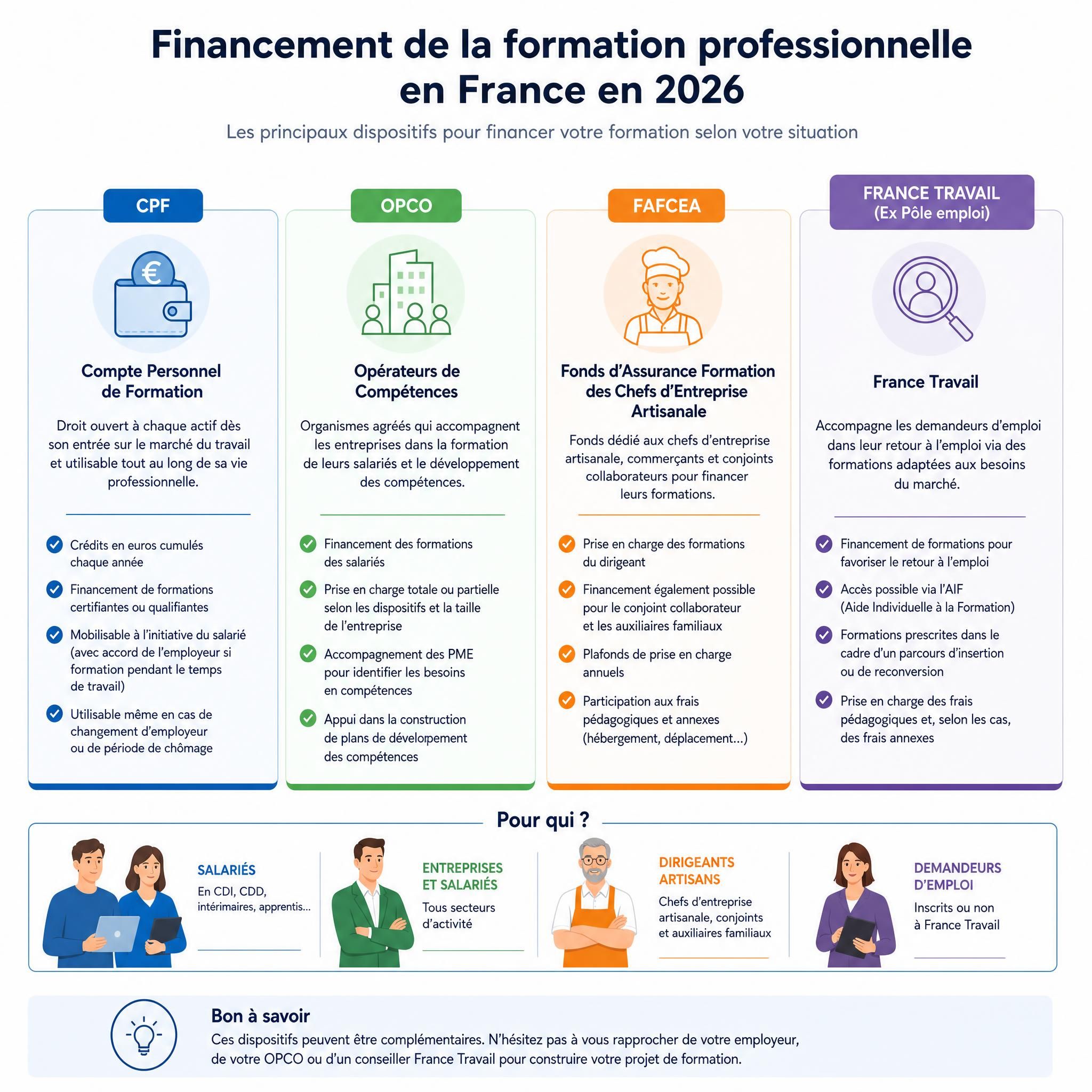 Infographie illustrant les différents dispositifs de financement de la formation professionnelle en France en 2026 : CPF, OPCO, FAFCEA, France Travail, pour salariés, dirigeants et demandeurs d'emploi