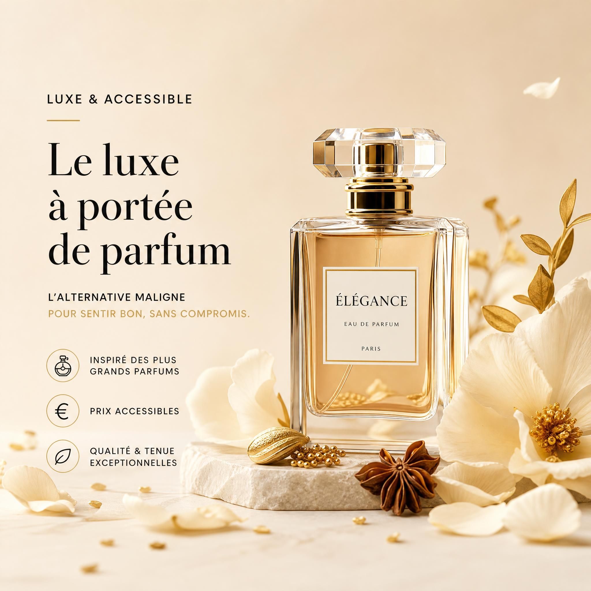 Flacon de parfum élégant sur fond beige crème avec des pétales de fleurs et des épices dorées, évoquant le luxe accessible — alternative parfum de luxe pas cher