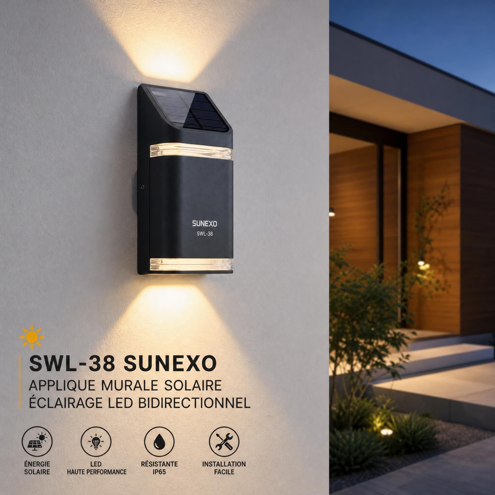 Applique murale solaire SWL-38 Sunexo installée sur façade extérieure – éclairage LED bidirectionnel