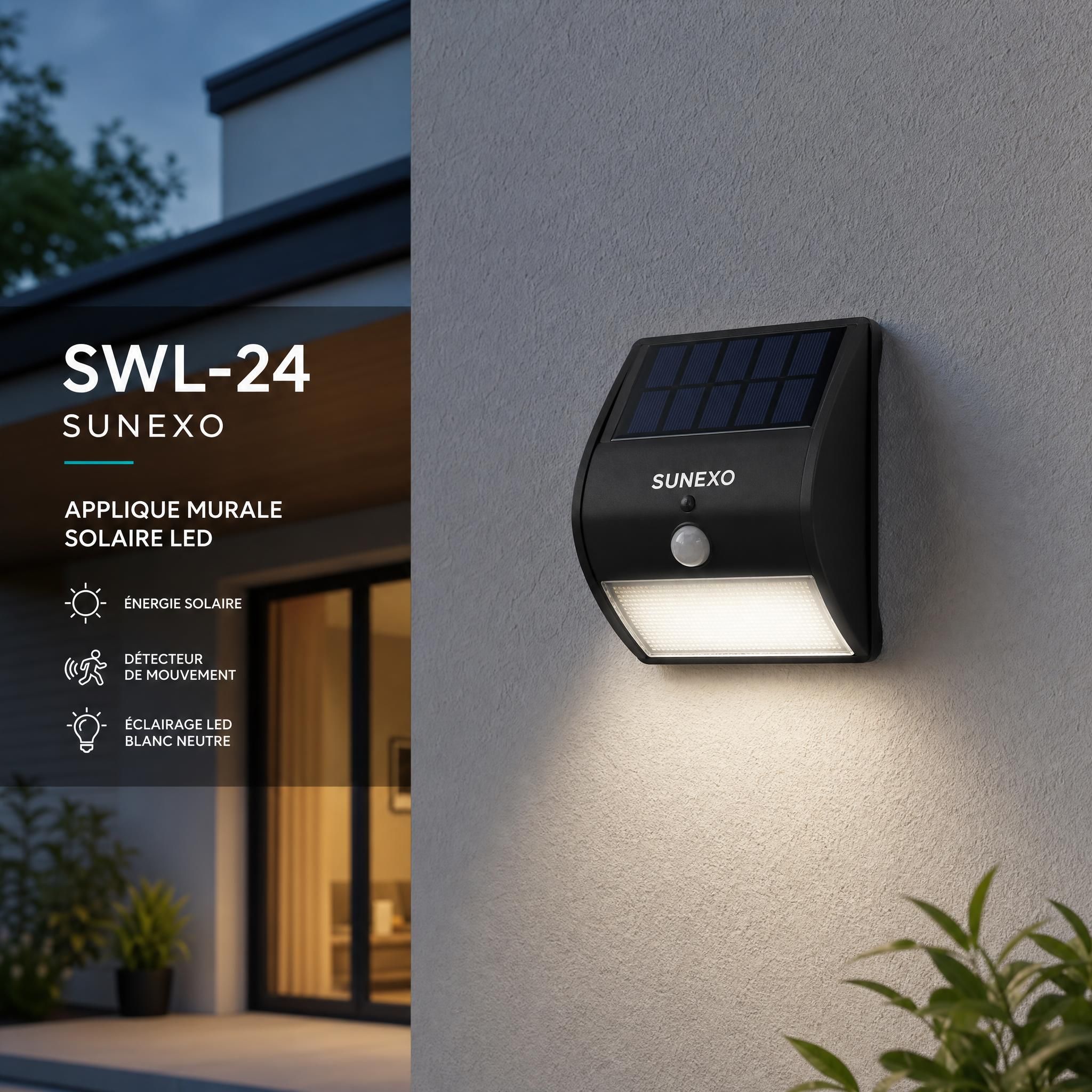 Applique murale solaire SWL-24 Sunexo montée sur façade extérieure de maison, éclairage LED blanc neutre