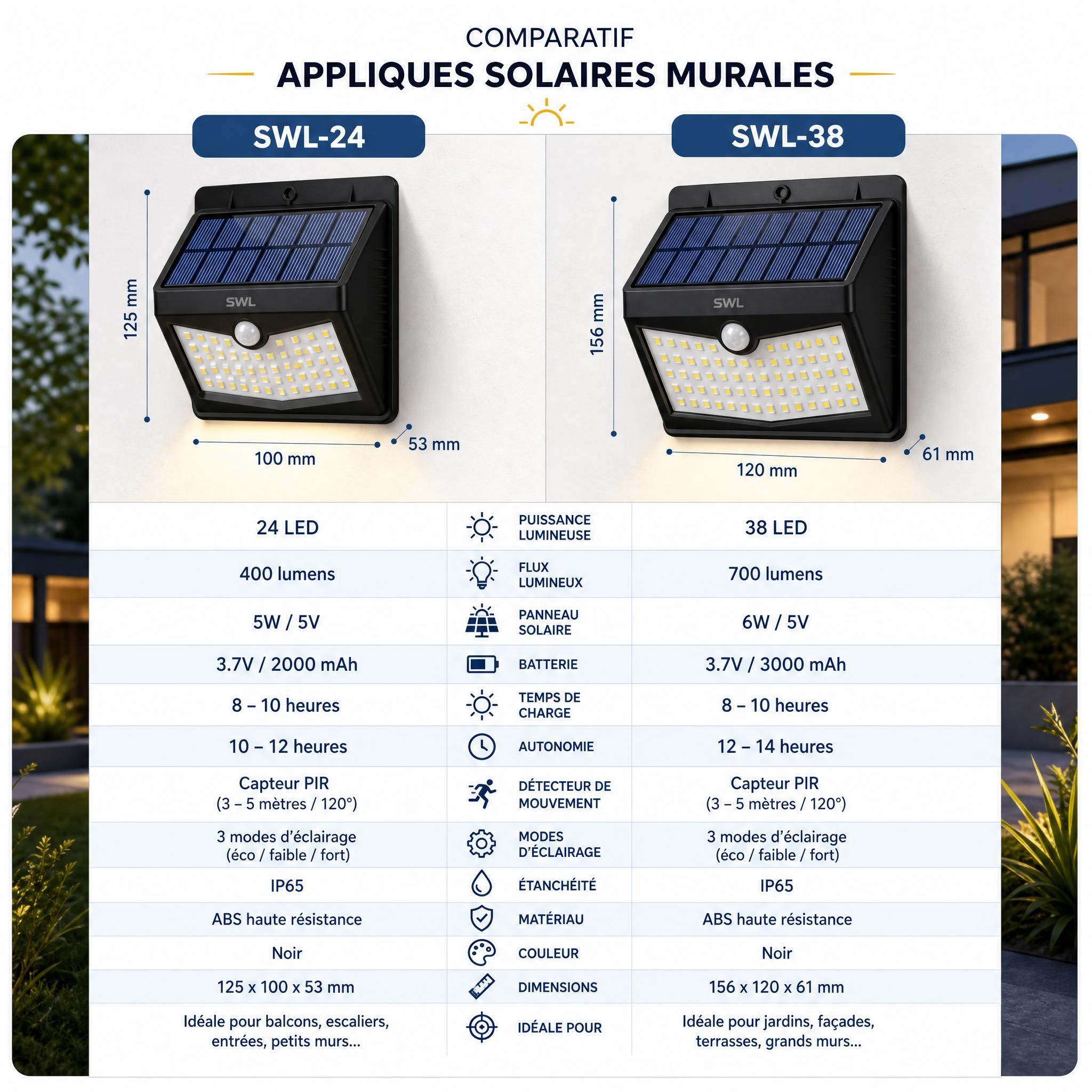 Tableau comparatif visuel appliques solaires murales SWL-24 et SWL-38 côte à côte avec leurs caractéristiques techniques