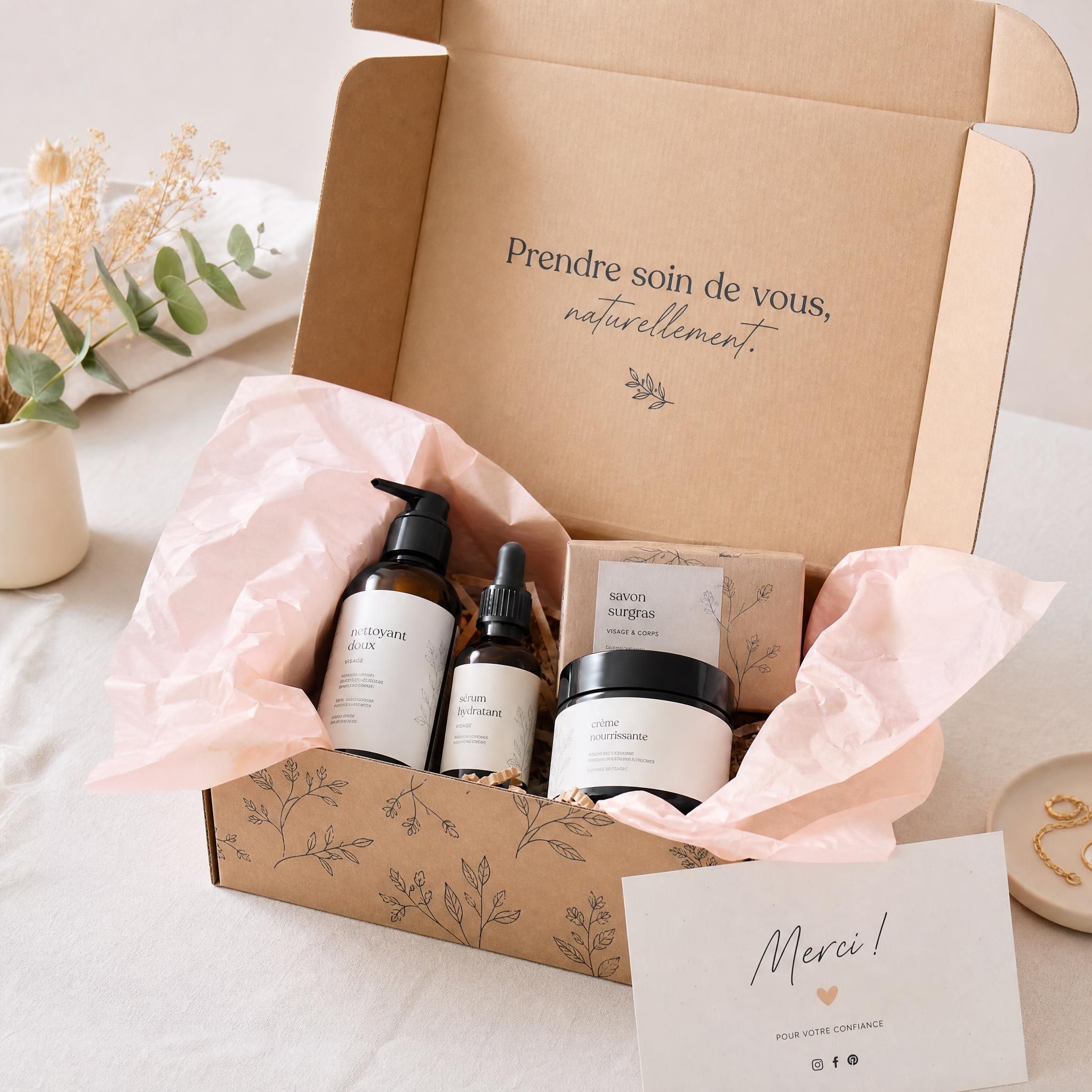 Expérience unboxing packaging personnalisé startup e-commerce - boîte premium ouverte avec produits beauté et papier de soie