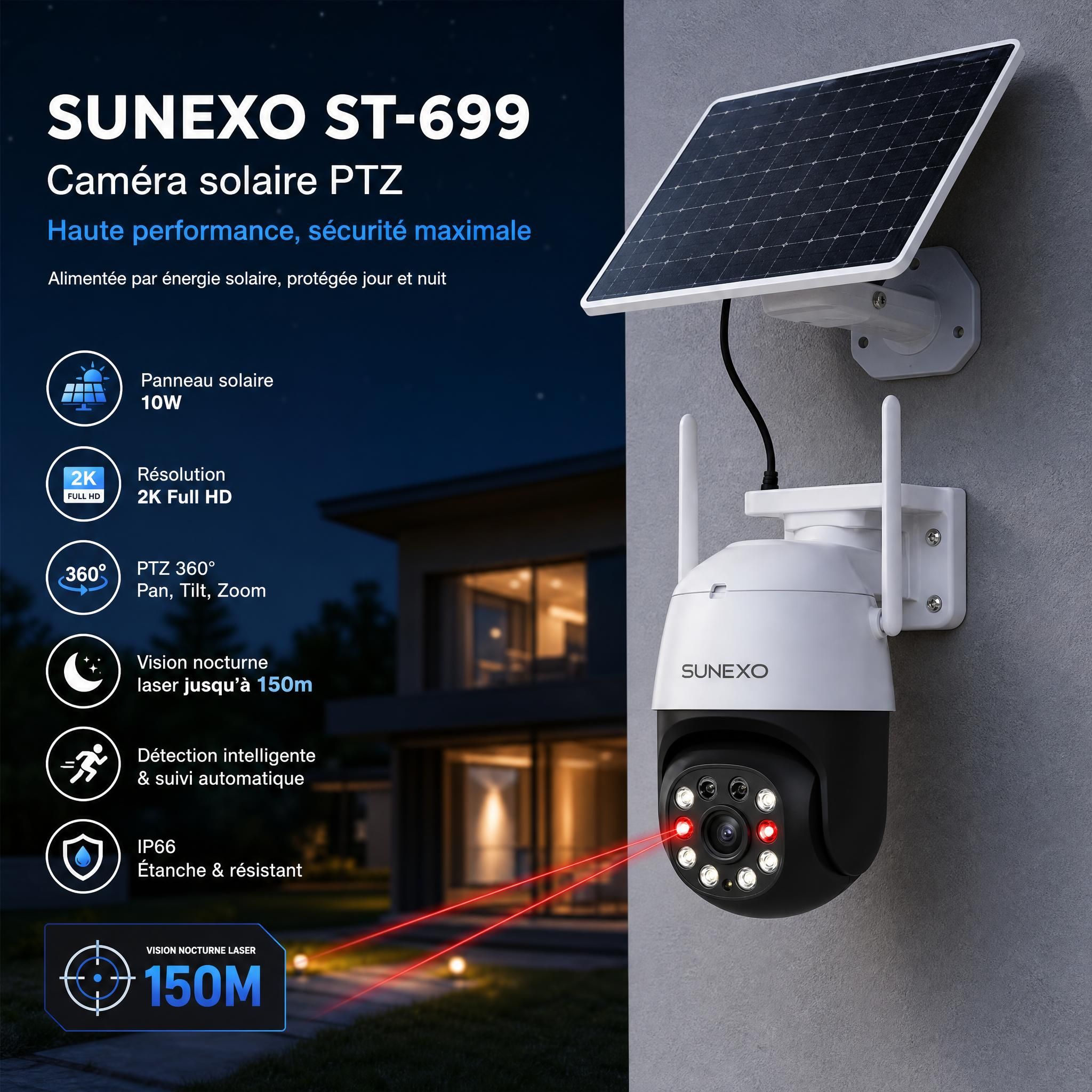 Caméra solaire PTZ Sunexo ST-699 installée sur façade extérieure avec panneau solaire 10W, vision nocturne laser 150m