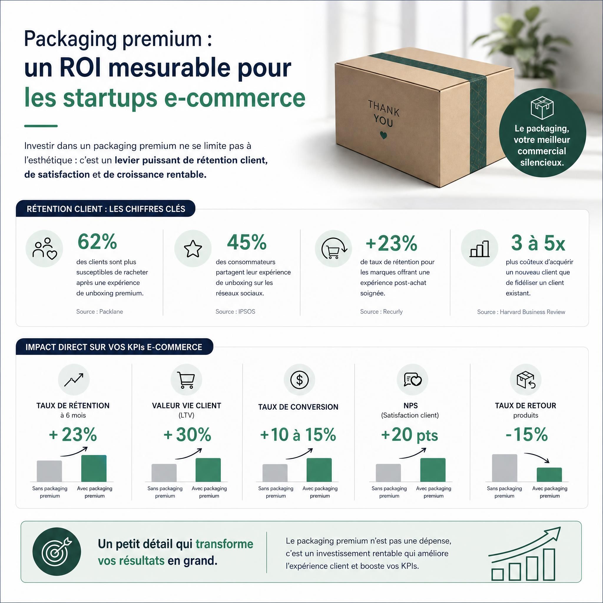 ROI packaging premium startups - infographie statistiques rétention client et impact sur les KPIs e-commerce