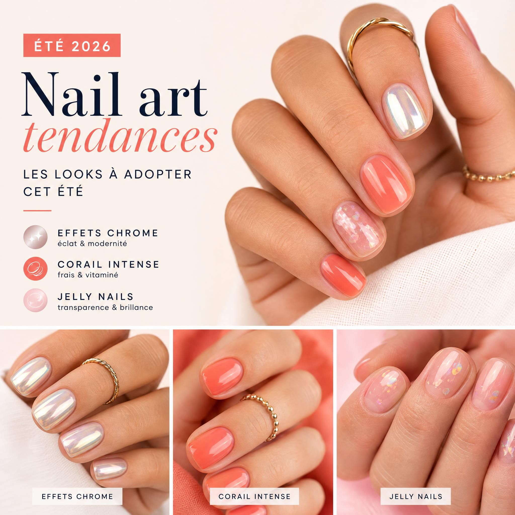 Nail art tendances été 2026 - manucure professionnelle avec effets chrome, corail et jelly nails sur ongles courts
