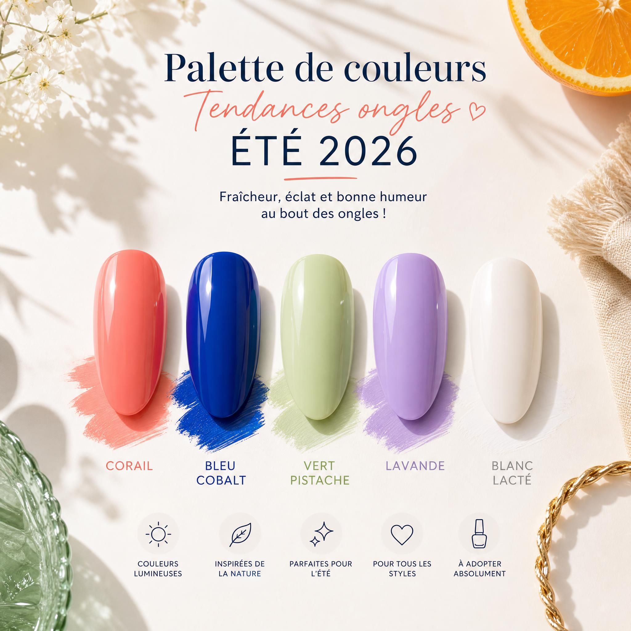 Palette de couleurs tendances ongles été 2026 - corail, bleu cobalt, vert pistache, lavande, blanc lacté sur fond lumineux