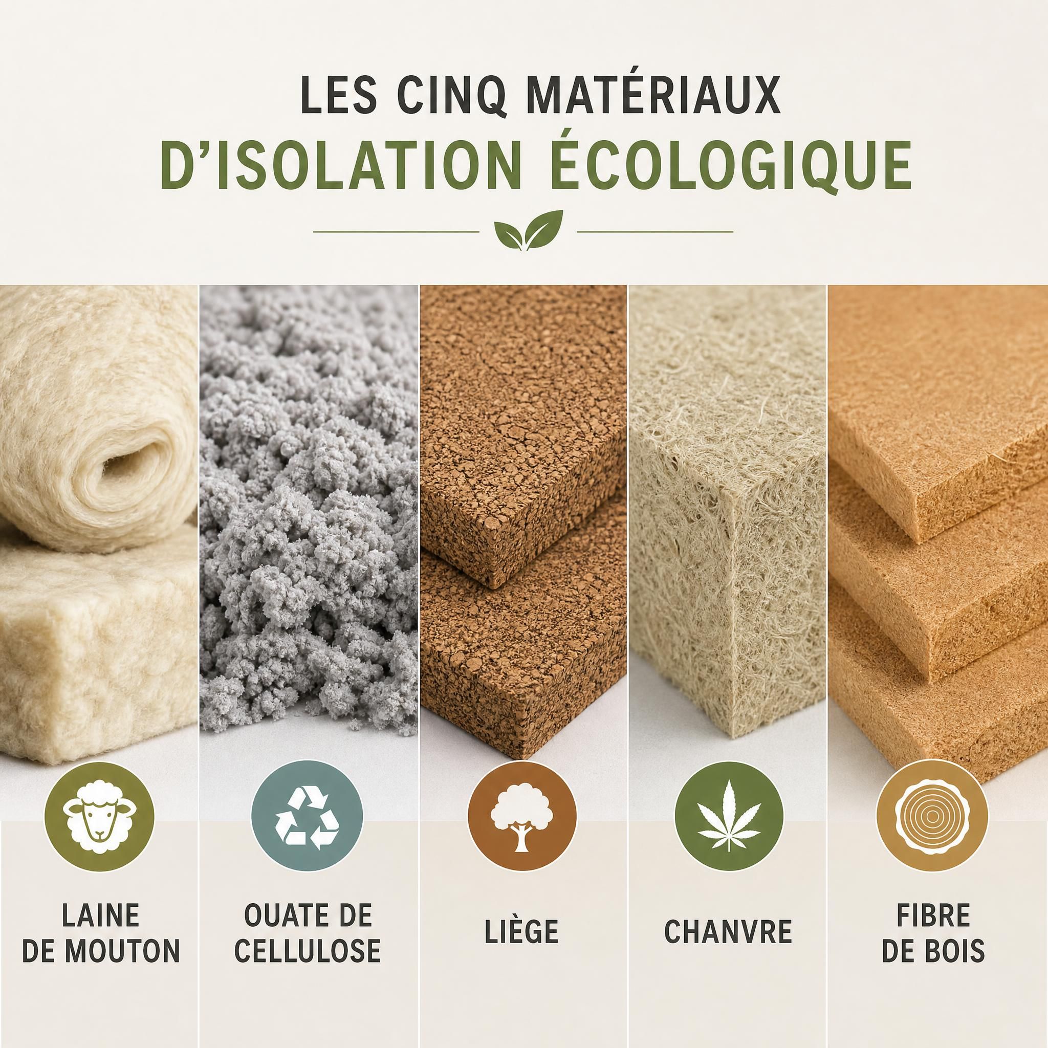 Les cinq matériaux d'isolation écologique côte à côte : laine de mouton, ouate de cellulose, liège, chanvre et fibre de bois