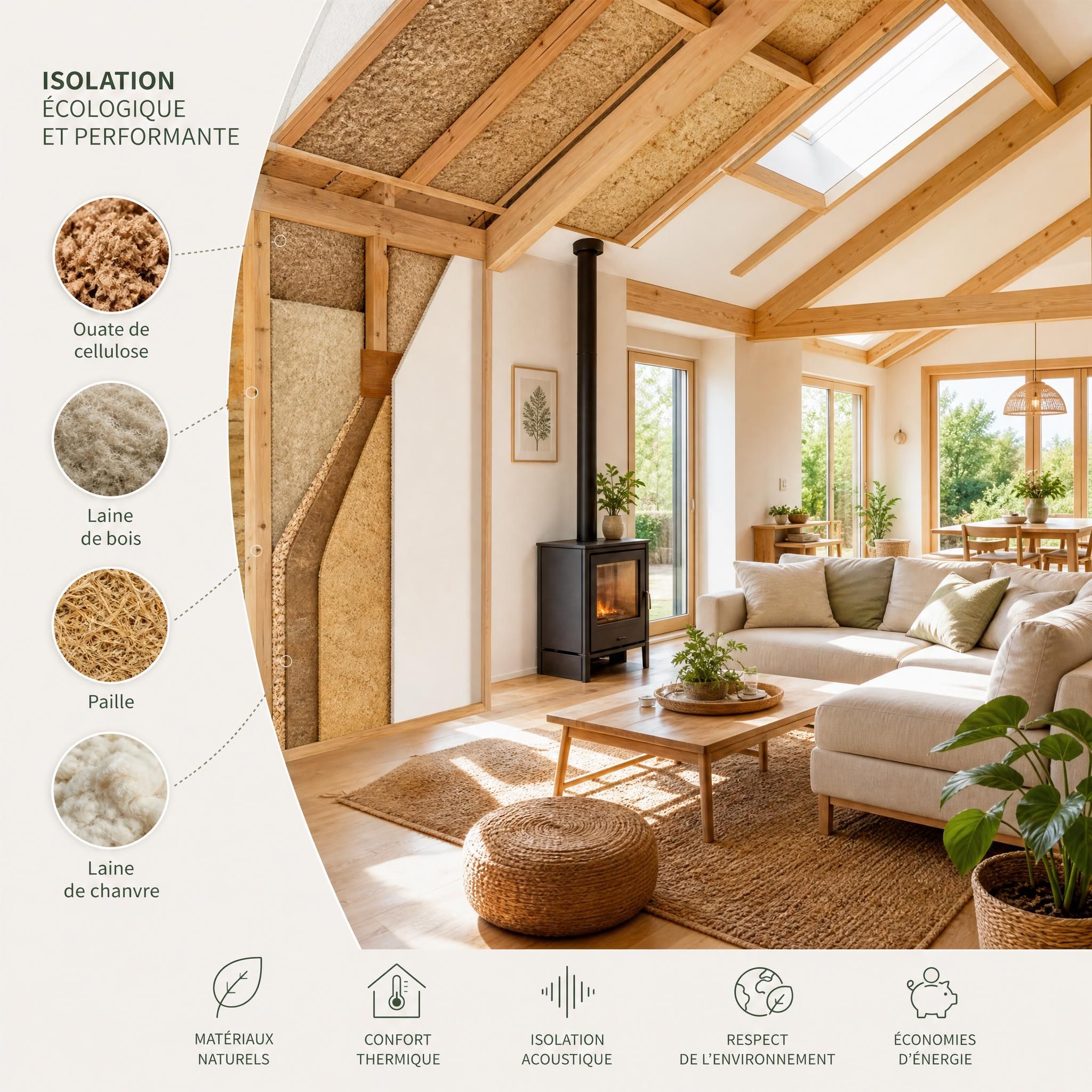 Maison rénovée avec des matériaux d'isolation écologique biosourcés, vue intérieure confortable et lumineuse