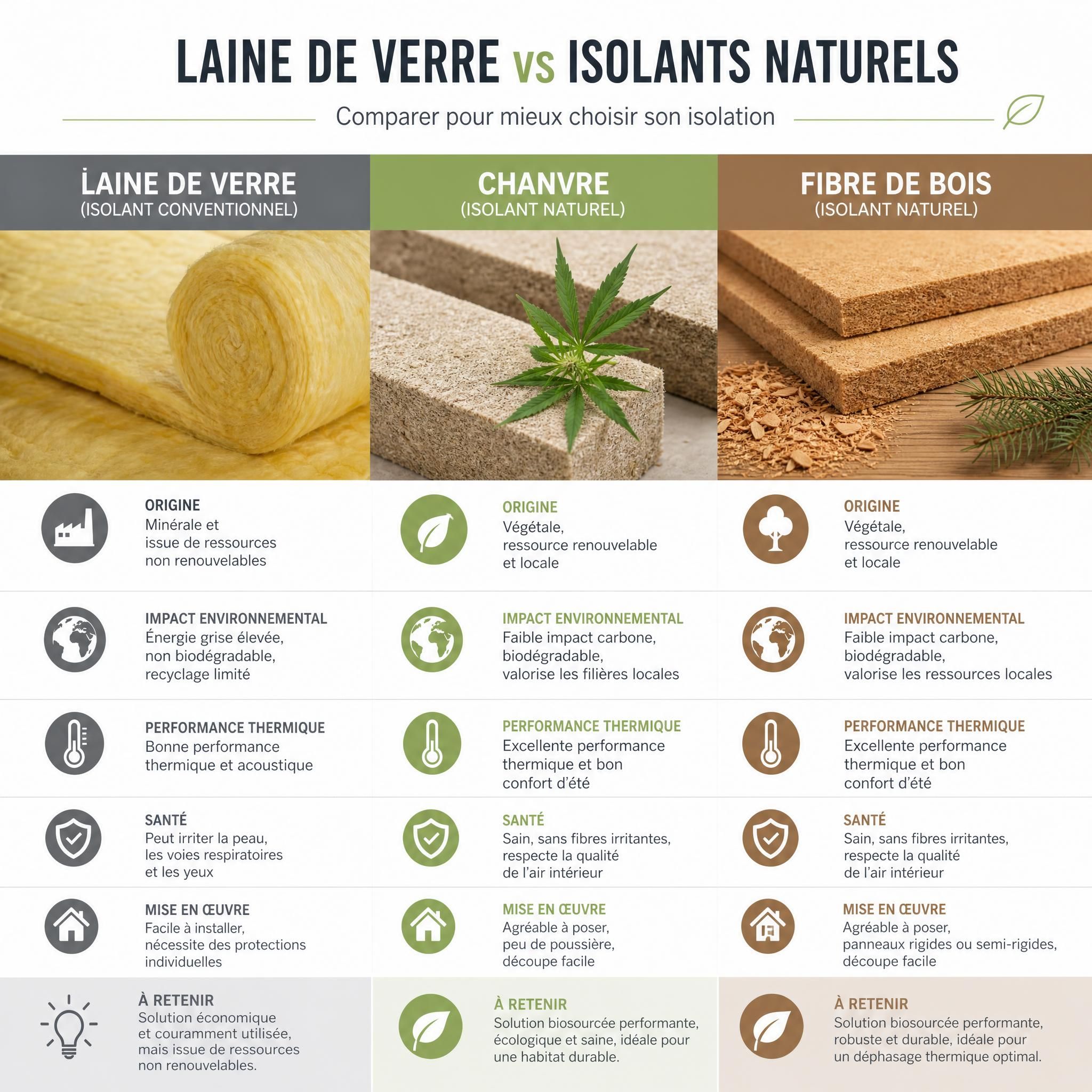 Comparaison visuelle entre isolant conventionnel en laine de verre et isolants naturels biosourcés comme le chanvre et la fibre de bois