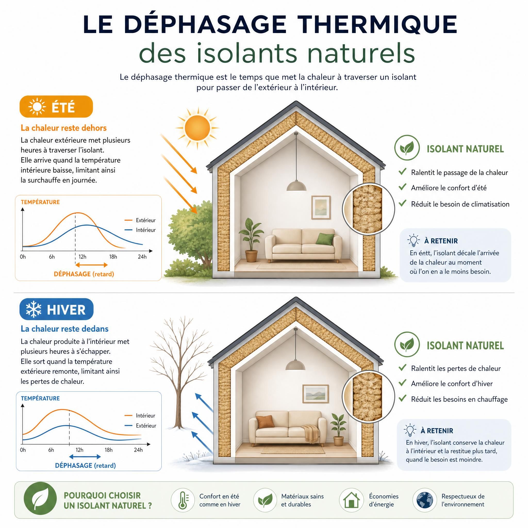 Schéma pédagogique illustrant le déphasage thermique d'un isolant naturel en été et en hiver dans une maison