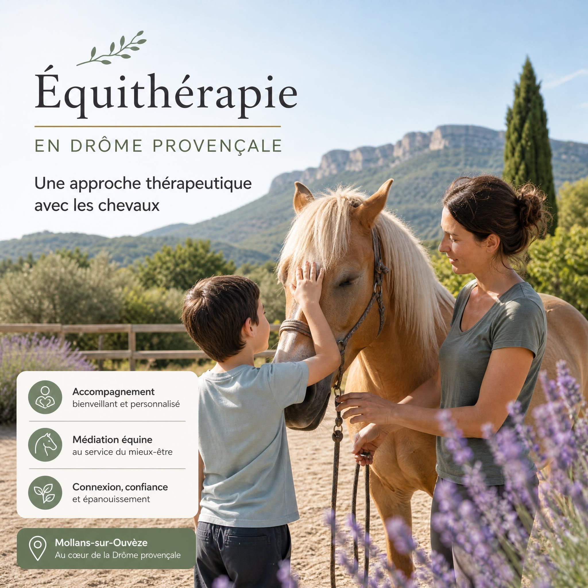 Séance d'équithérapie en Drôme provençale, approche thérapeutique avec les chevaux à Mollans-sur-Ouvèze