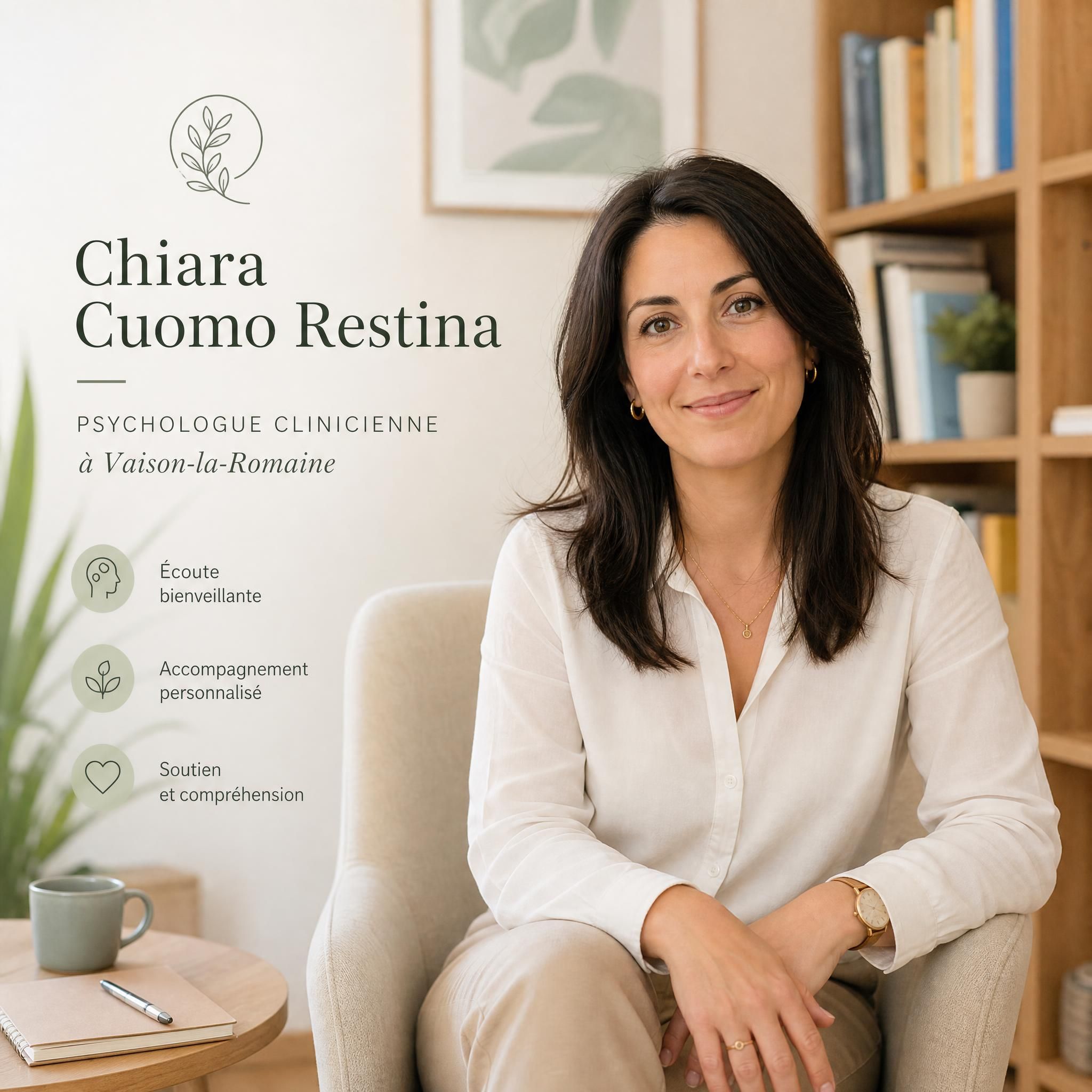 Chiara Cuomo Restina, psychologue clinicienne à Vaison-la-Romaine, portrait professionnel chaleureux